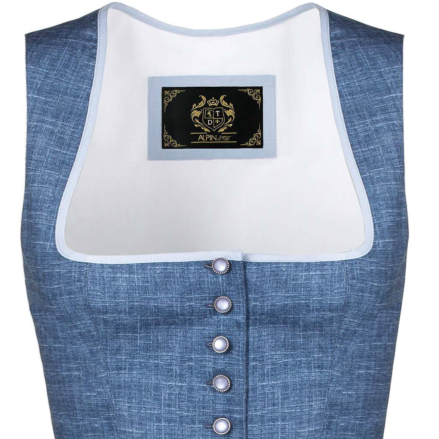 Detailansicht des Ausschnitts des Damen Dirndls "Manuela" in der Farbe Rauchblau