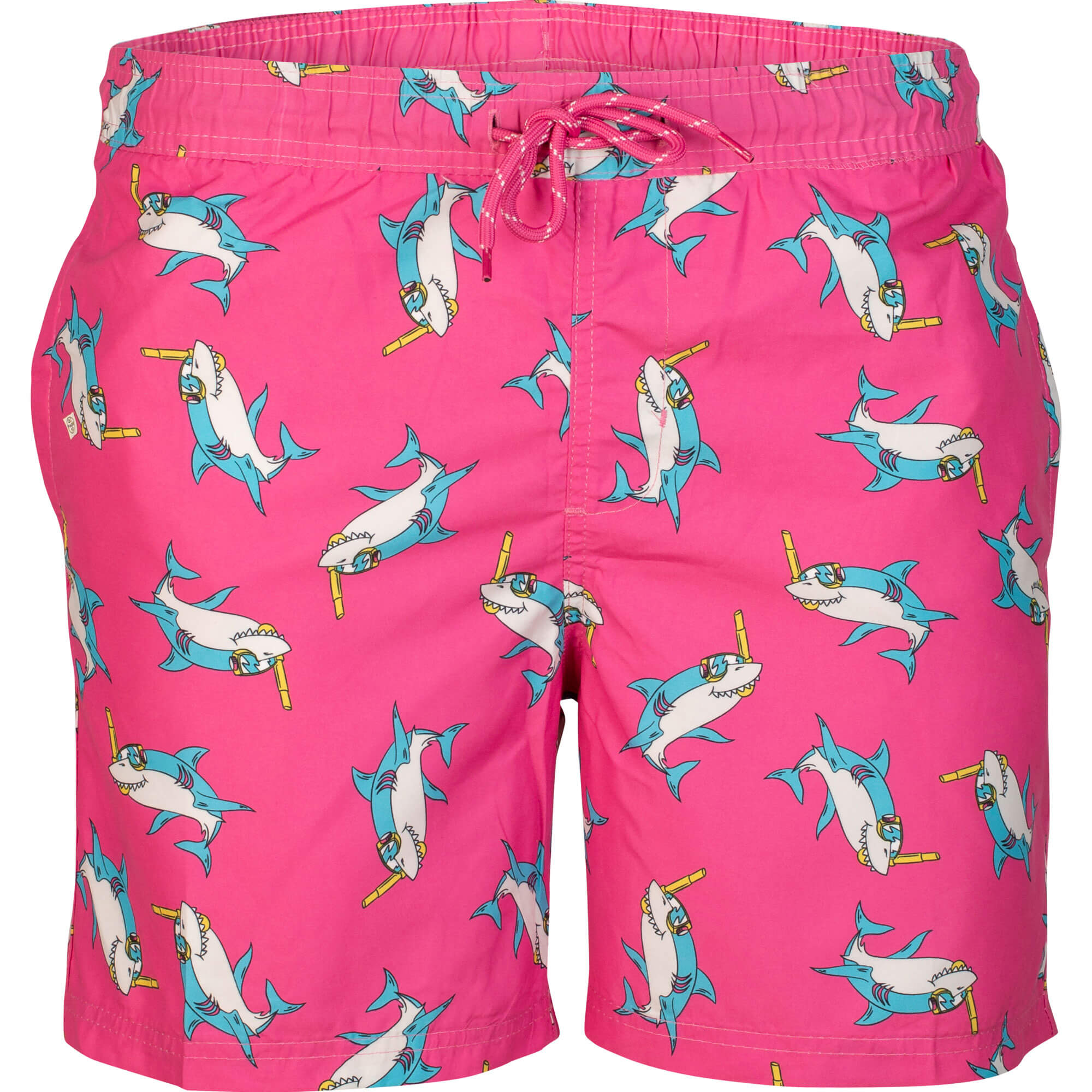 Vorderansicht Badehose Holiday, in der Farbe Pink, mit Haien bedruckt