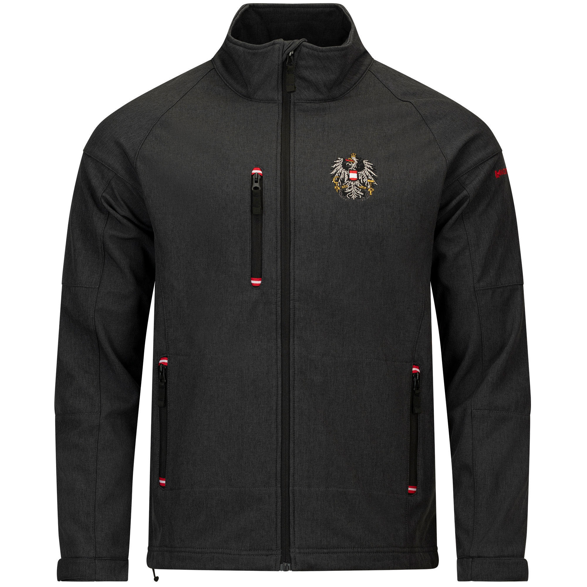 Vorderansicht der Softshelljacke "Österreich", in der Farbe Anthrazit