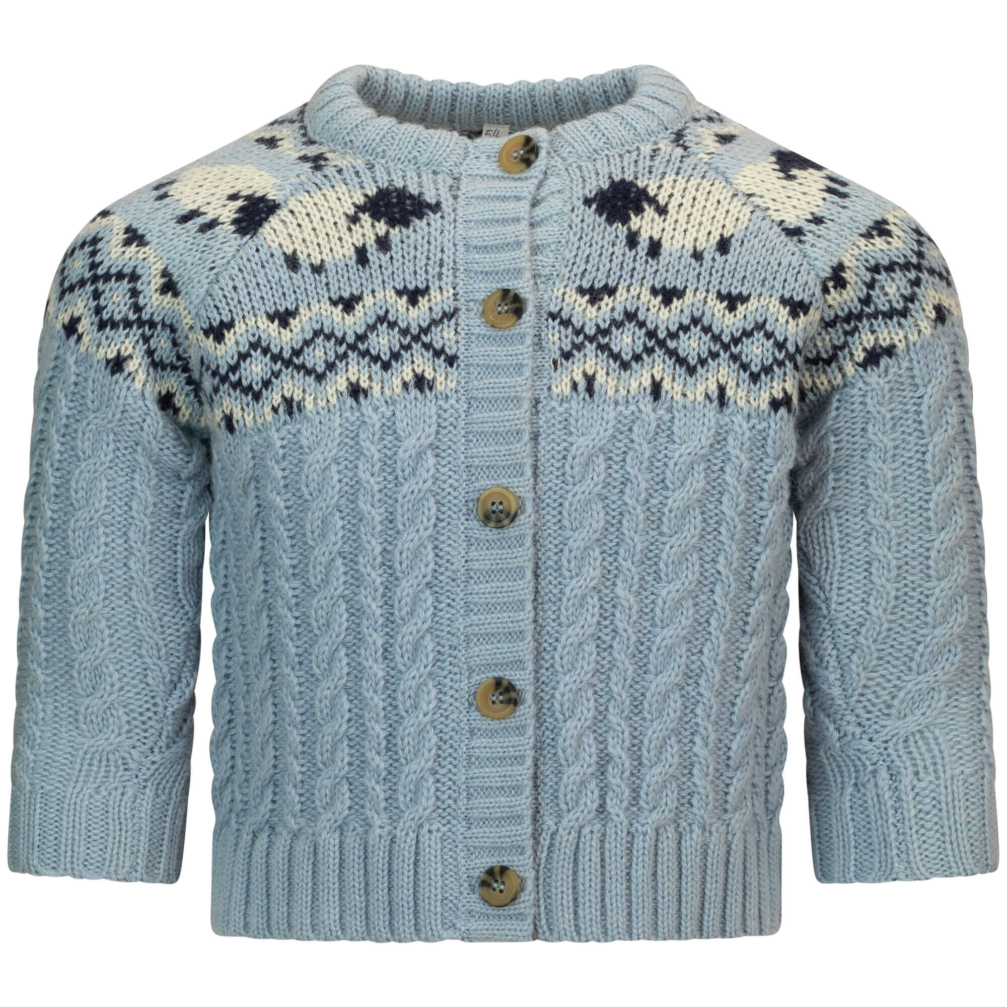 Vorderansicht der Kinder Strickjacke "Shawn", in der Farbe Hellblau, mit Knopfleiste