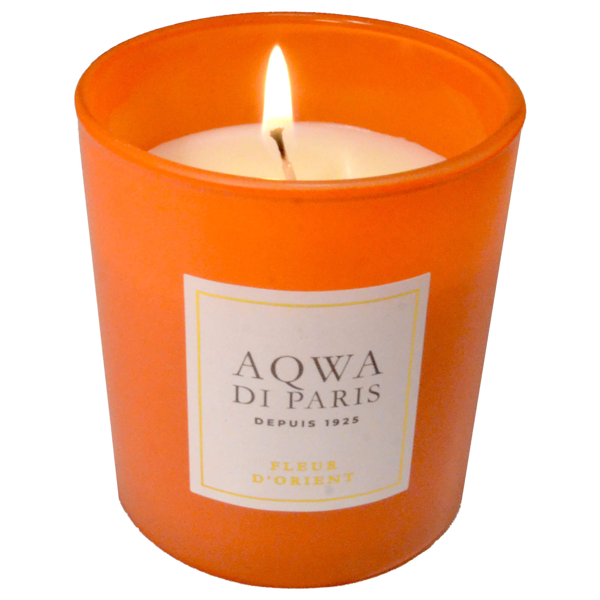 Vorderansicht der Kerze "Aqwa di Paris", mit dem Duft "Fleur D'Orient", in der Farbe Orange