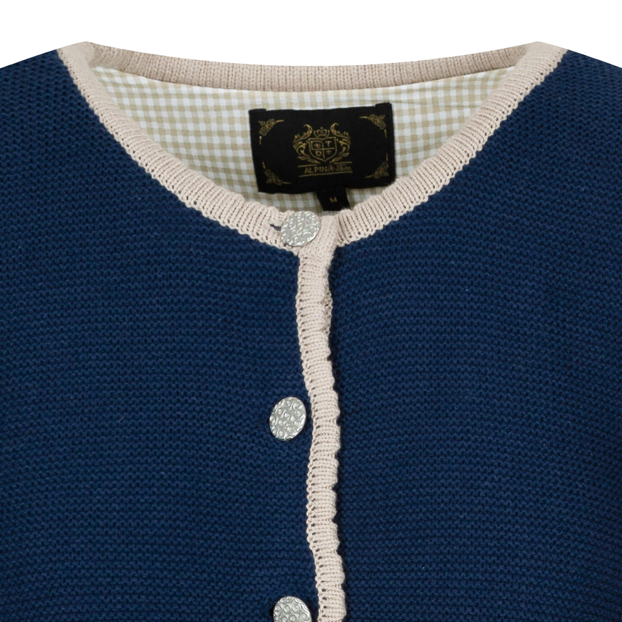 Detailansicht Kragen der Damen Strickjacke "Hirsch" in der Farbe Navy