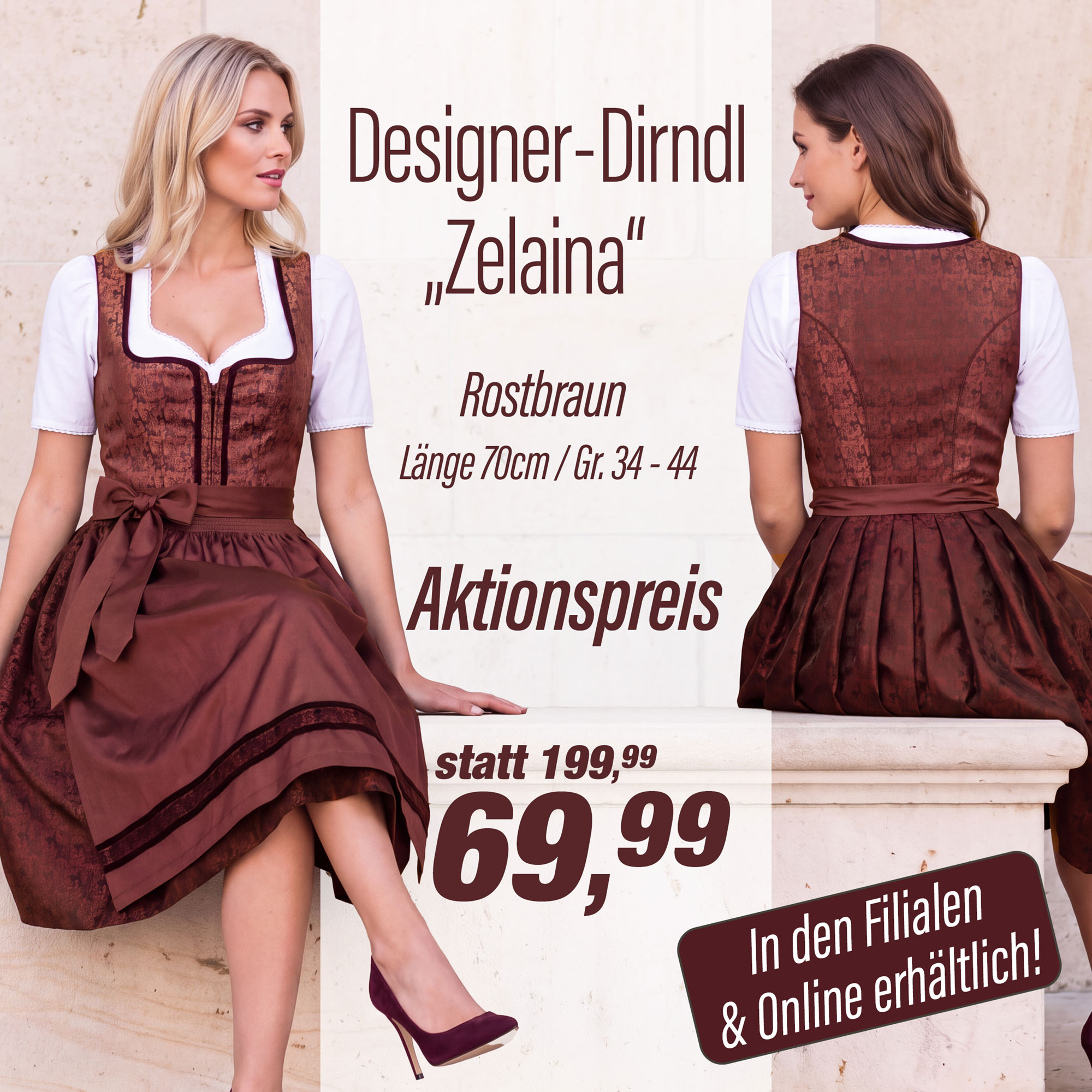 Zwei Damen, sitzend auf einem Steinbklock, in hübschem Designer-Dirndl "Zelaina"