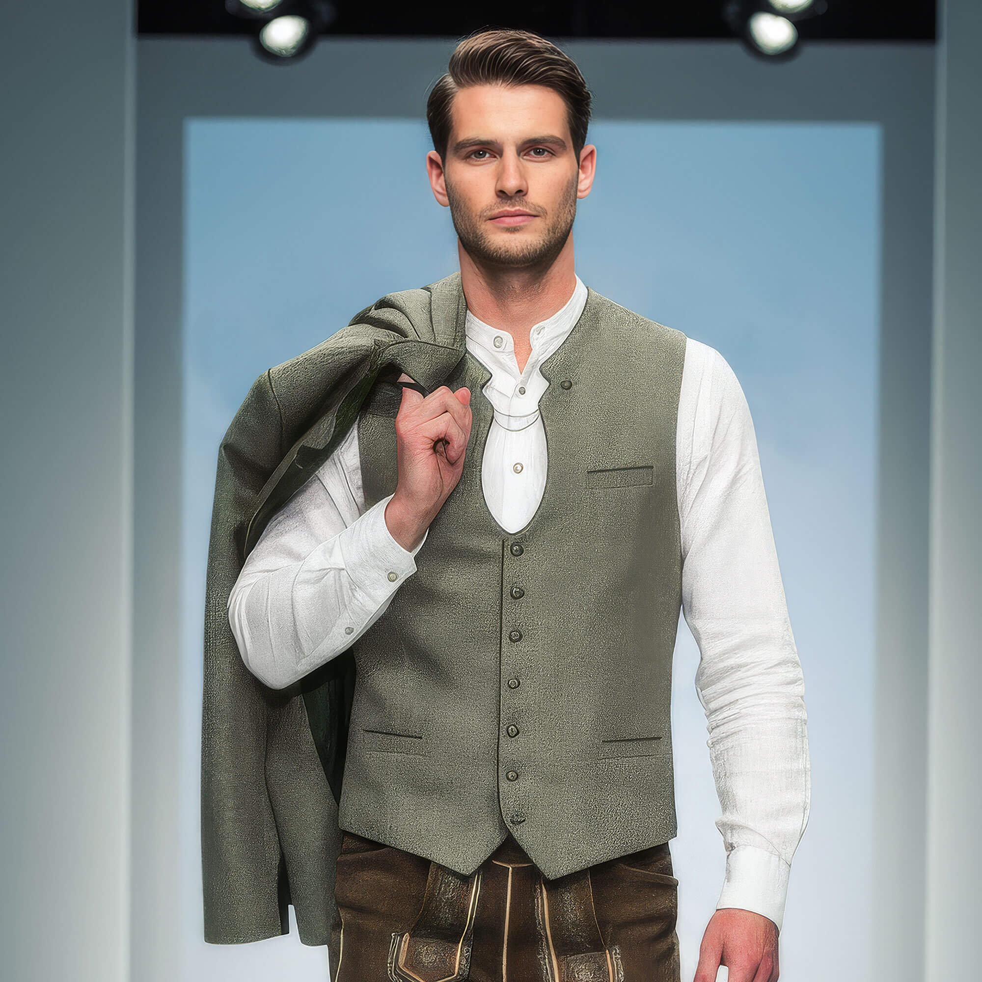 Dunkelgraues Herren Trachtengilet, getragen von einem jungen Mann