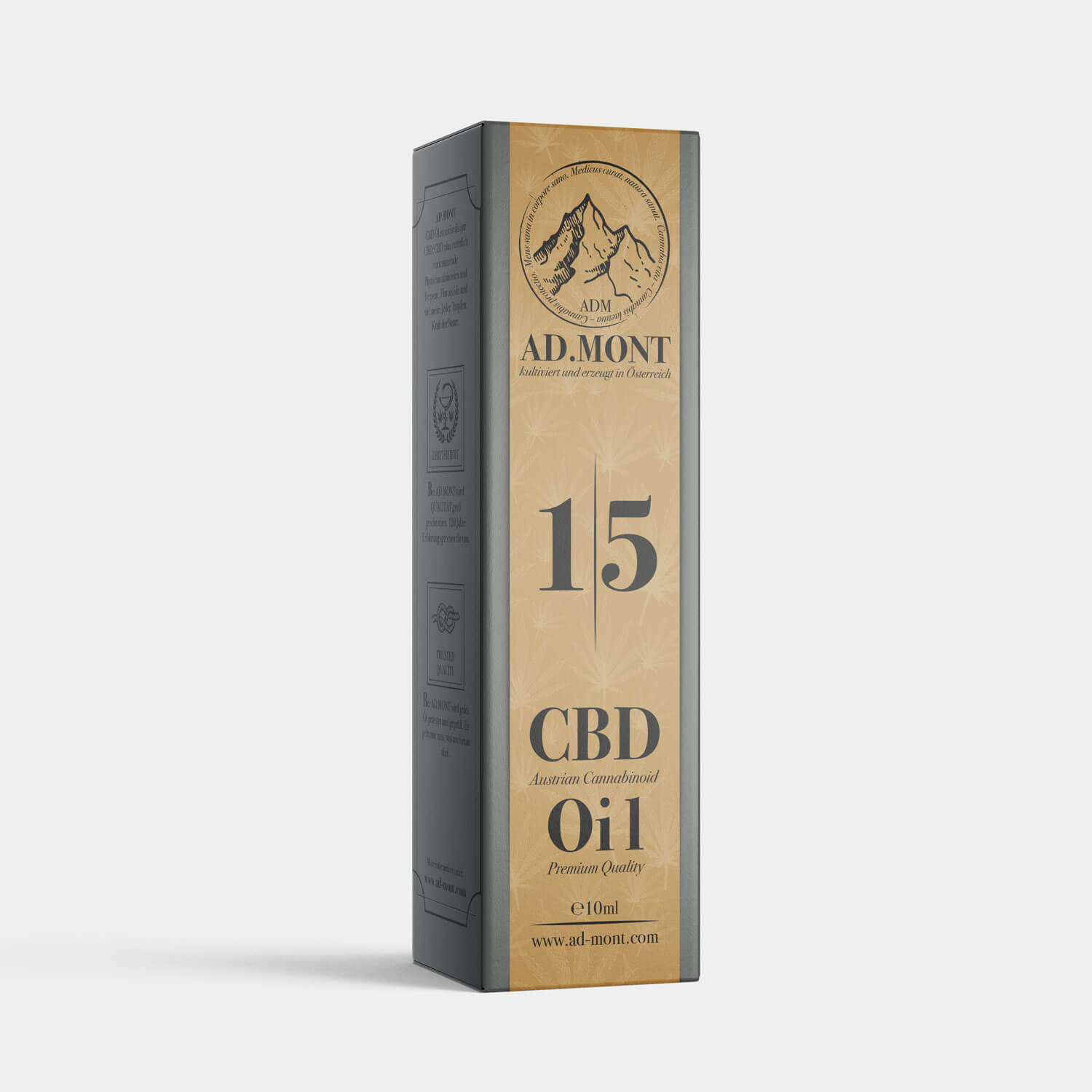 Vorderansicht der Verpackung des Admont CBD Öl 15%, Vollspektrum, 10ml 