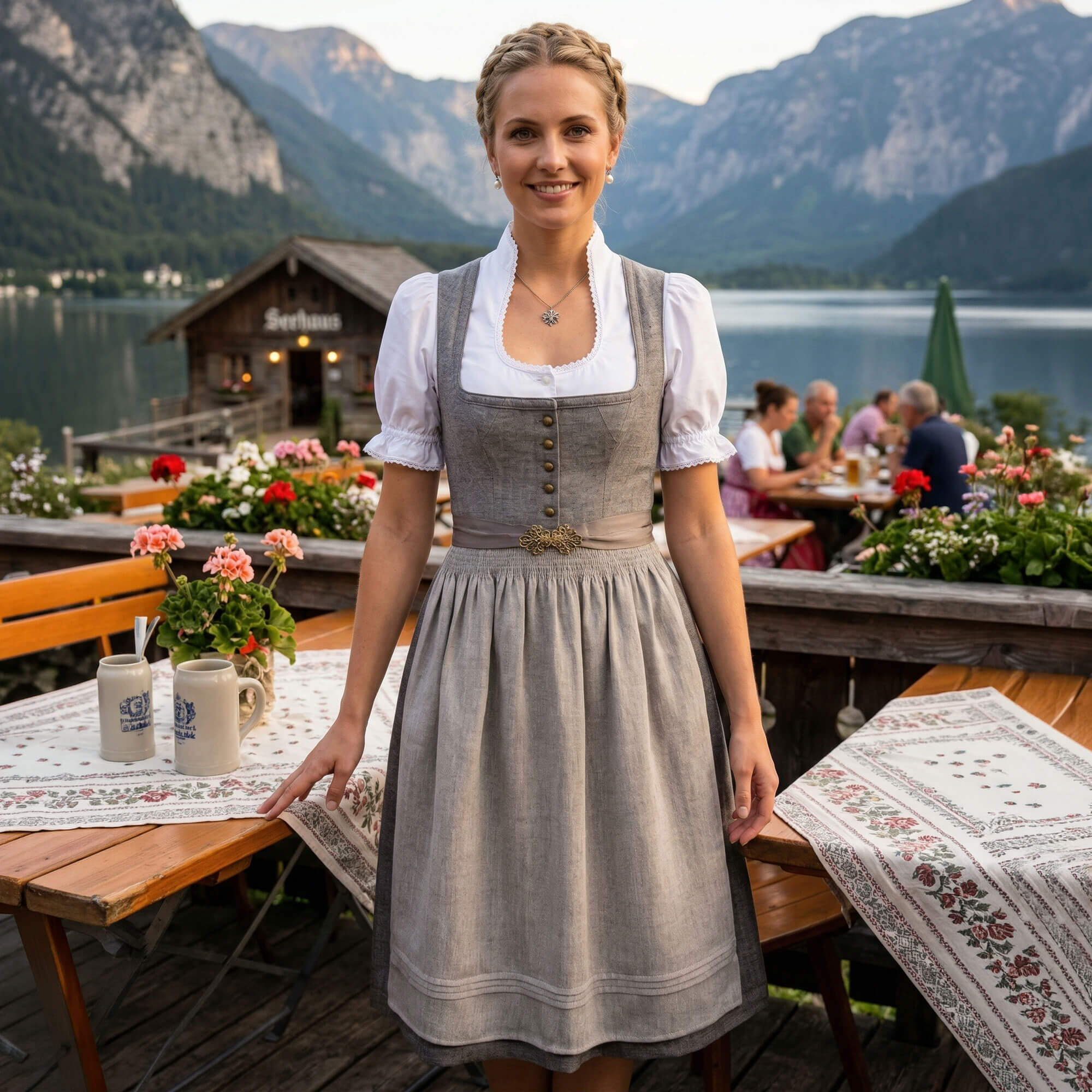 Vorderansicht des Damen Dirndls "Josefine" in der Farbe Grau, von Model getragen 