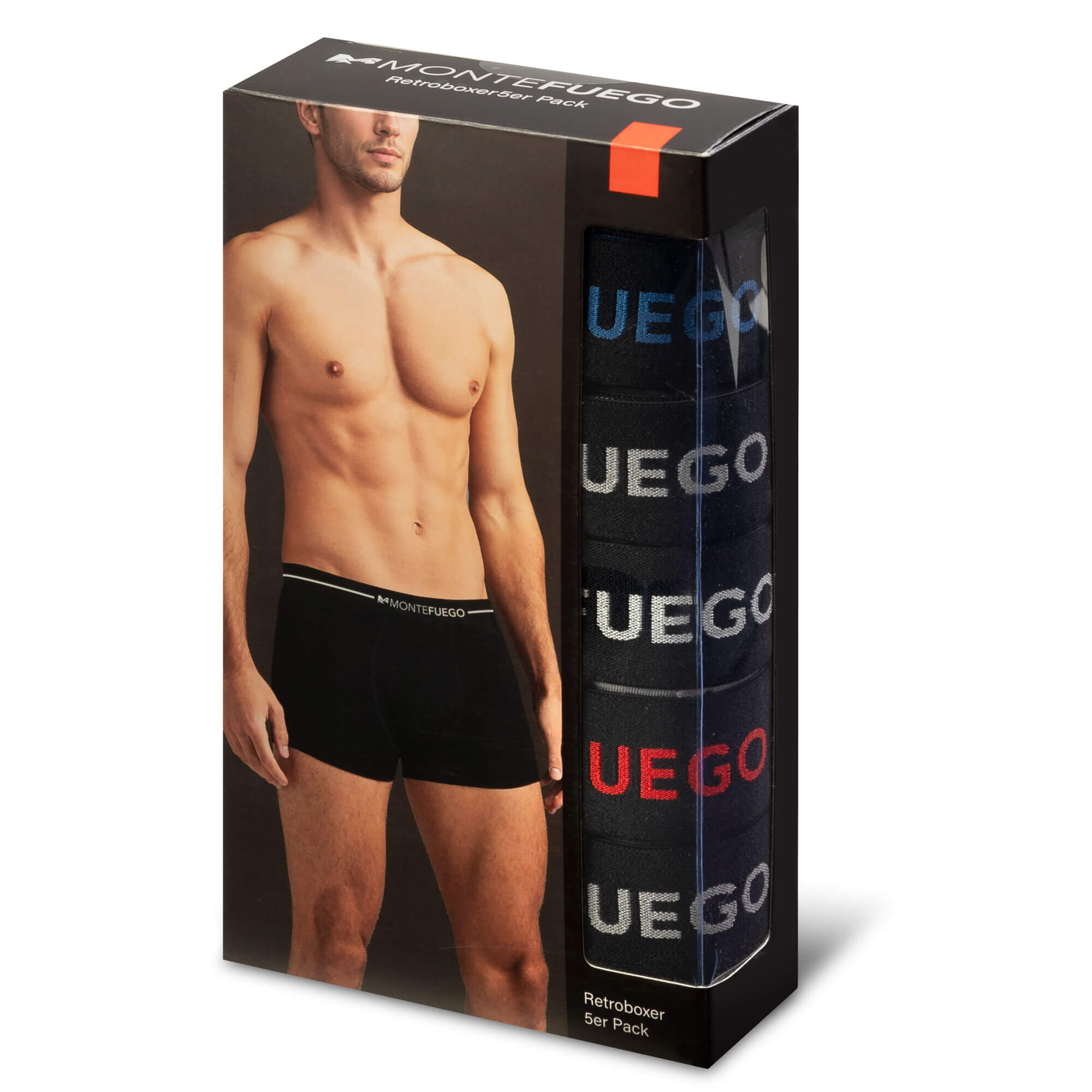 Ansicht der Verpackung der Herren Retro Boxershorts im 5er Pack, Schwarz und Grau, Set 03