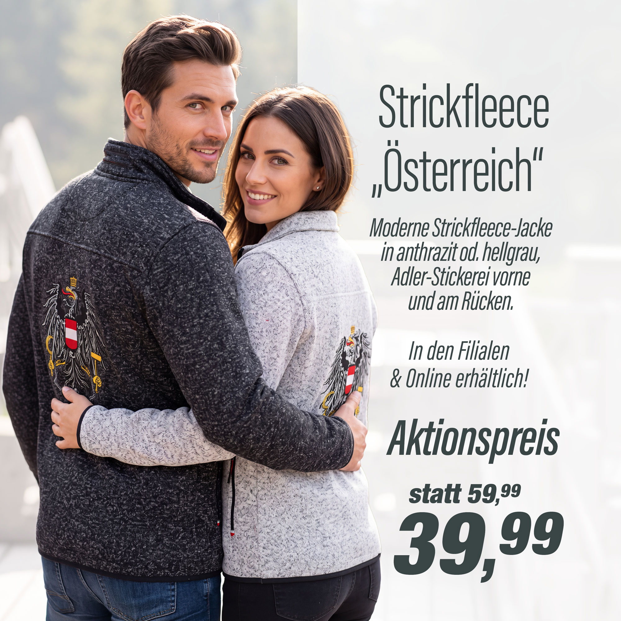 Ein Herr und eine Dame in Strickfleece Jacken mit Österreich-Adler Stick