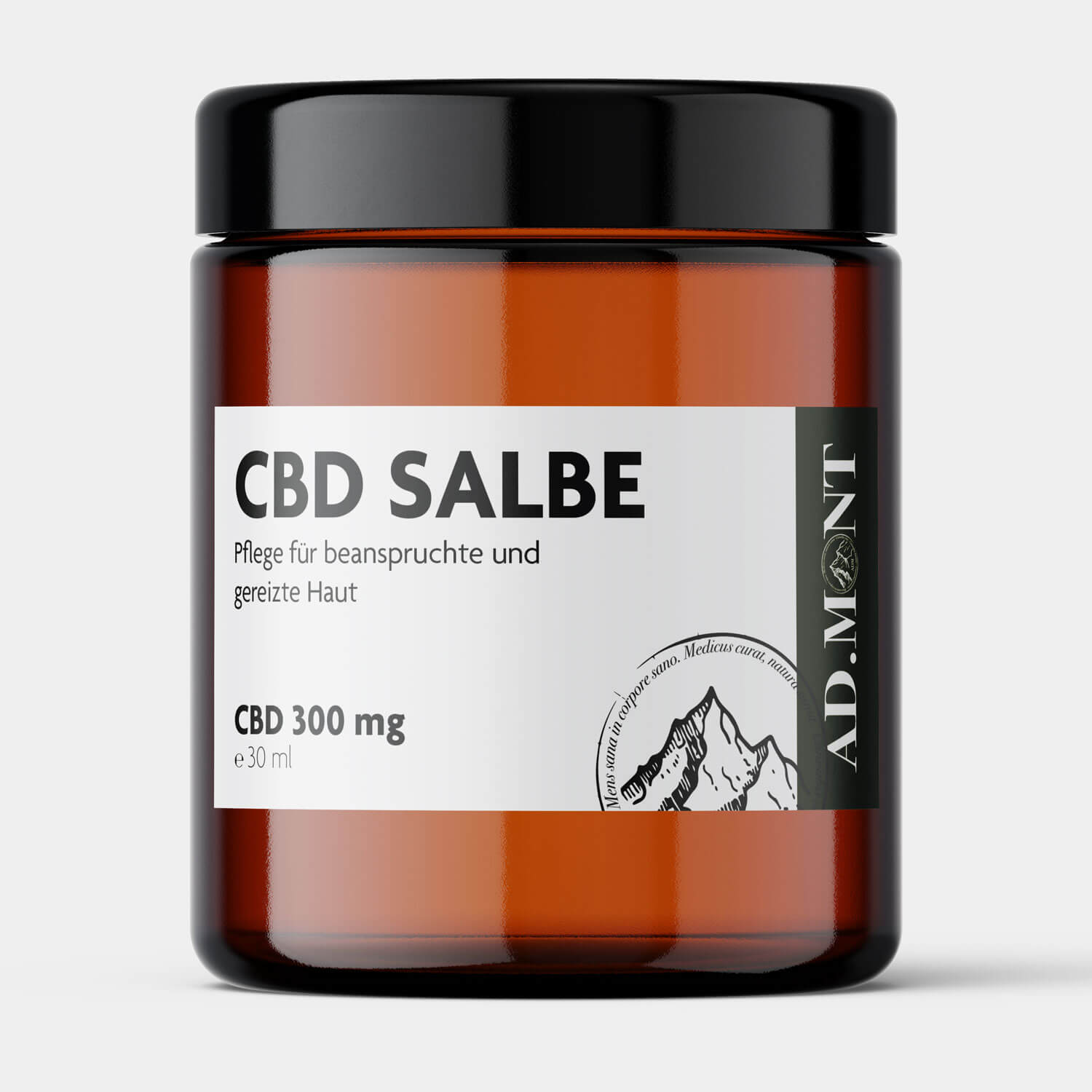 Vorderansicht des 30ml Produktglases der Admont CBD Salbe 300mg 