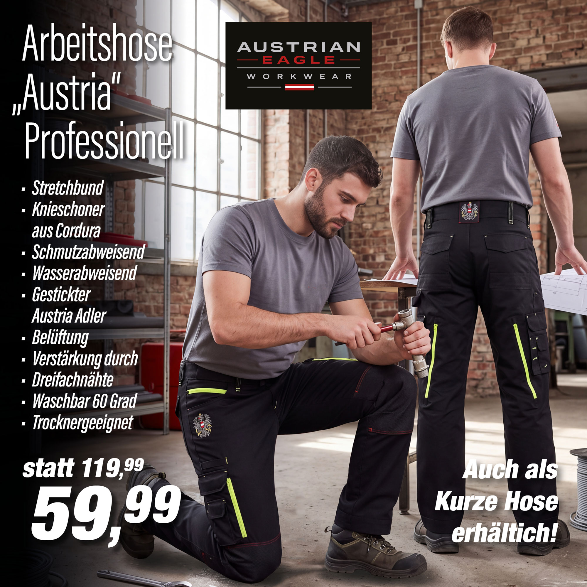 Zwei Herren bei der Arbeit, in Arbeitshosen "Austria"