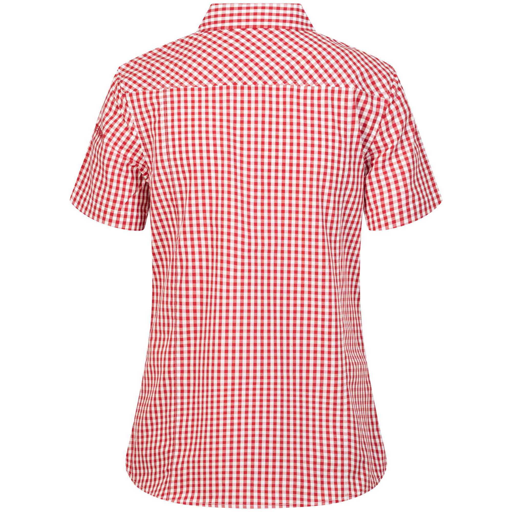 Rückansicht der Damen Bluse "Austria", mit kurzem Arm, in der Farbe Rot-Weiß Kariert, mit kleiner Adler Stickerei