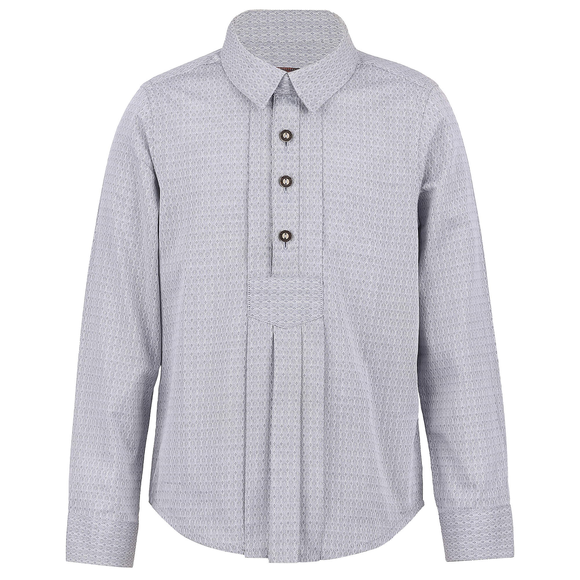 Vorderansicht vom Kinder-Langarm-Trachtenhemd "Pan" in hellem Taubenblau mit feinem Jacquard-Rautenmuster.