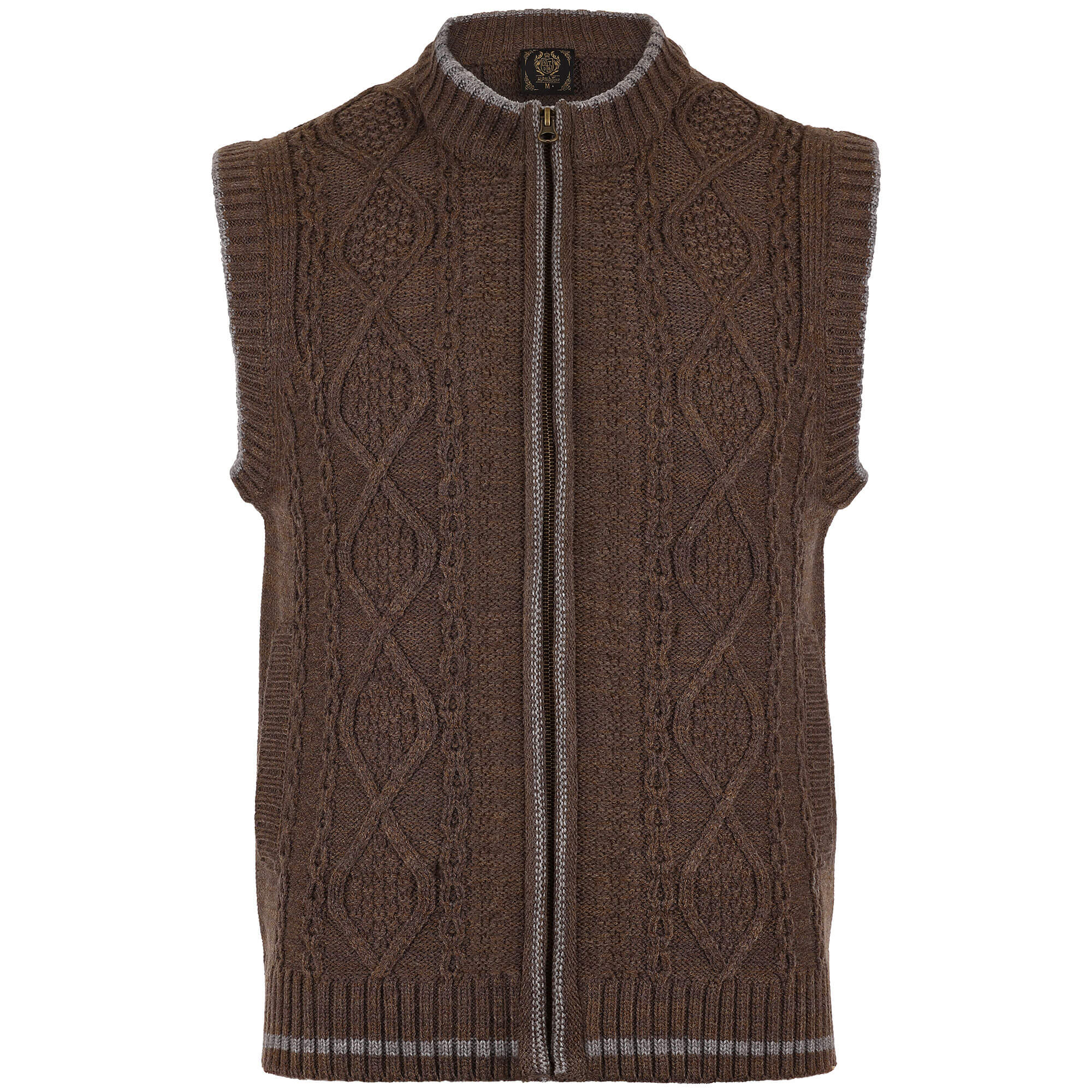Detailansicht der Herren Strickweste "Anton", mit Reißverschluss, in der Farbe Braun