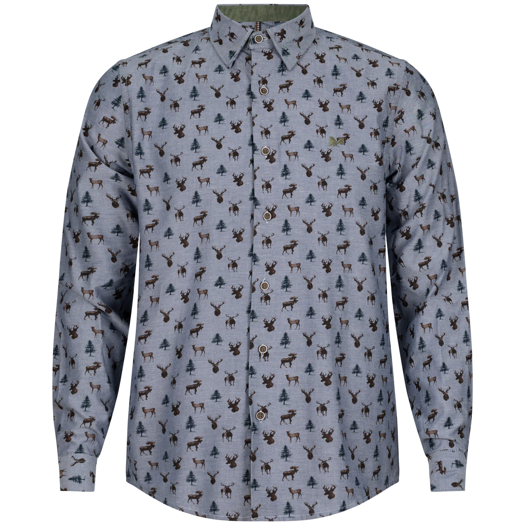 Vorderansicht des Herren Langarm Hemd "Hirsch", in der Farbe Blau, mit Muster Hirschkopf, Reh und TannenbaumVorderansicht des Herren Langarm Hemd "Hirsch", in der Farbe Blau, mit Muster Hirschkopf, Reh und Tannenbaum