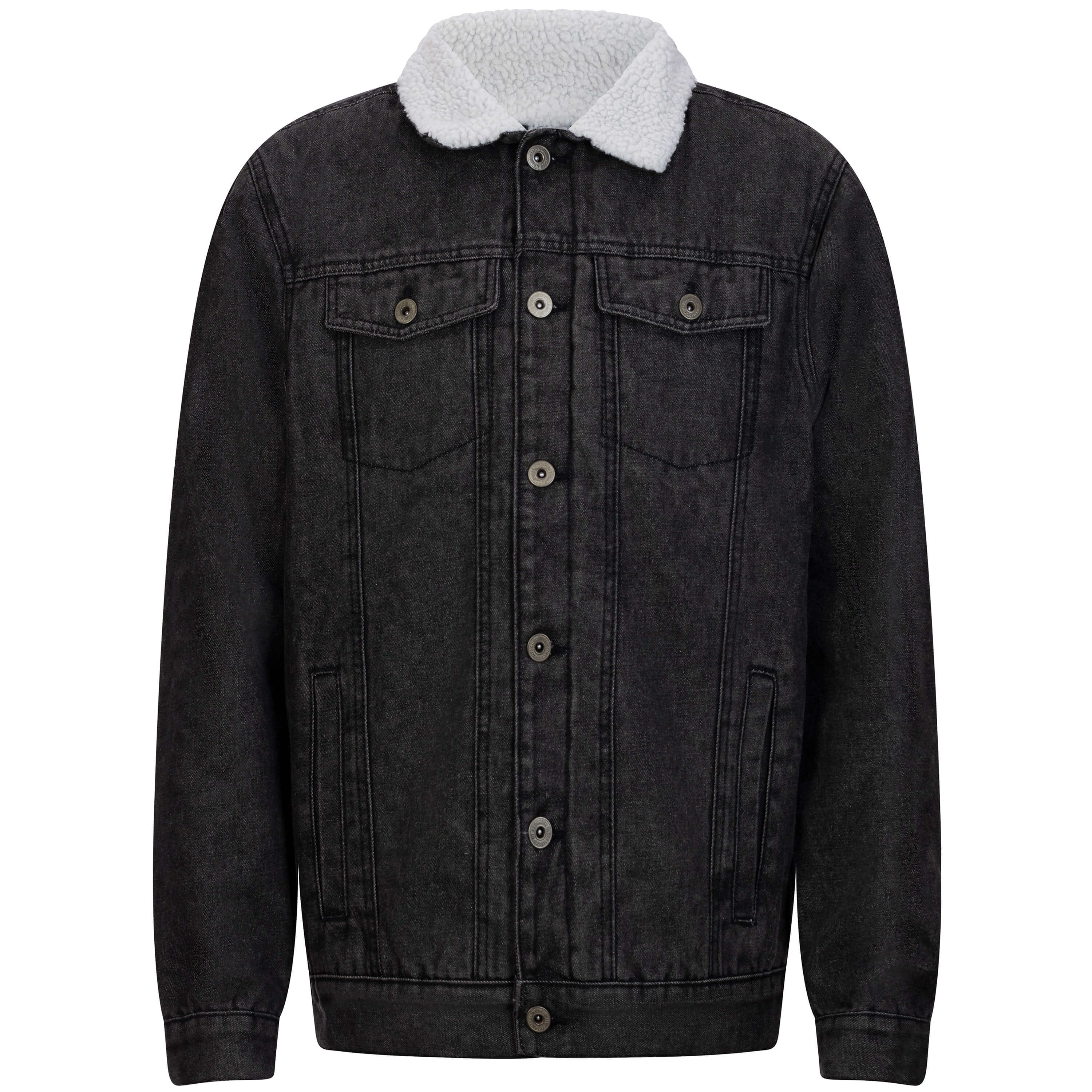 Vorderansicht der Herren Jacke in Jeans Optik mit weißem Teddyfutter, in der Farbe Stonewash