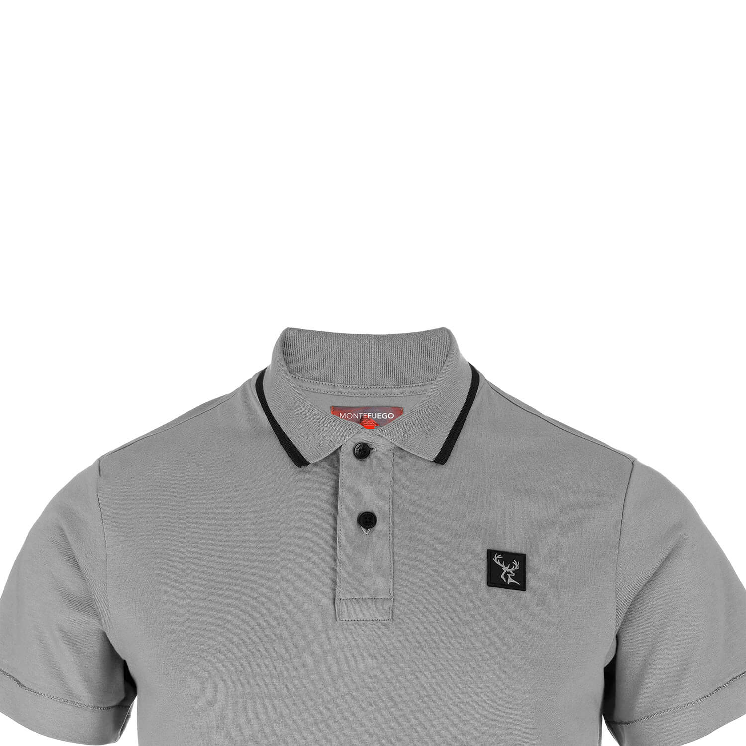 Vorderansicht des Poloshirt mit Hirsch Logo, in der Farbe Grau, Detail