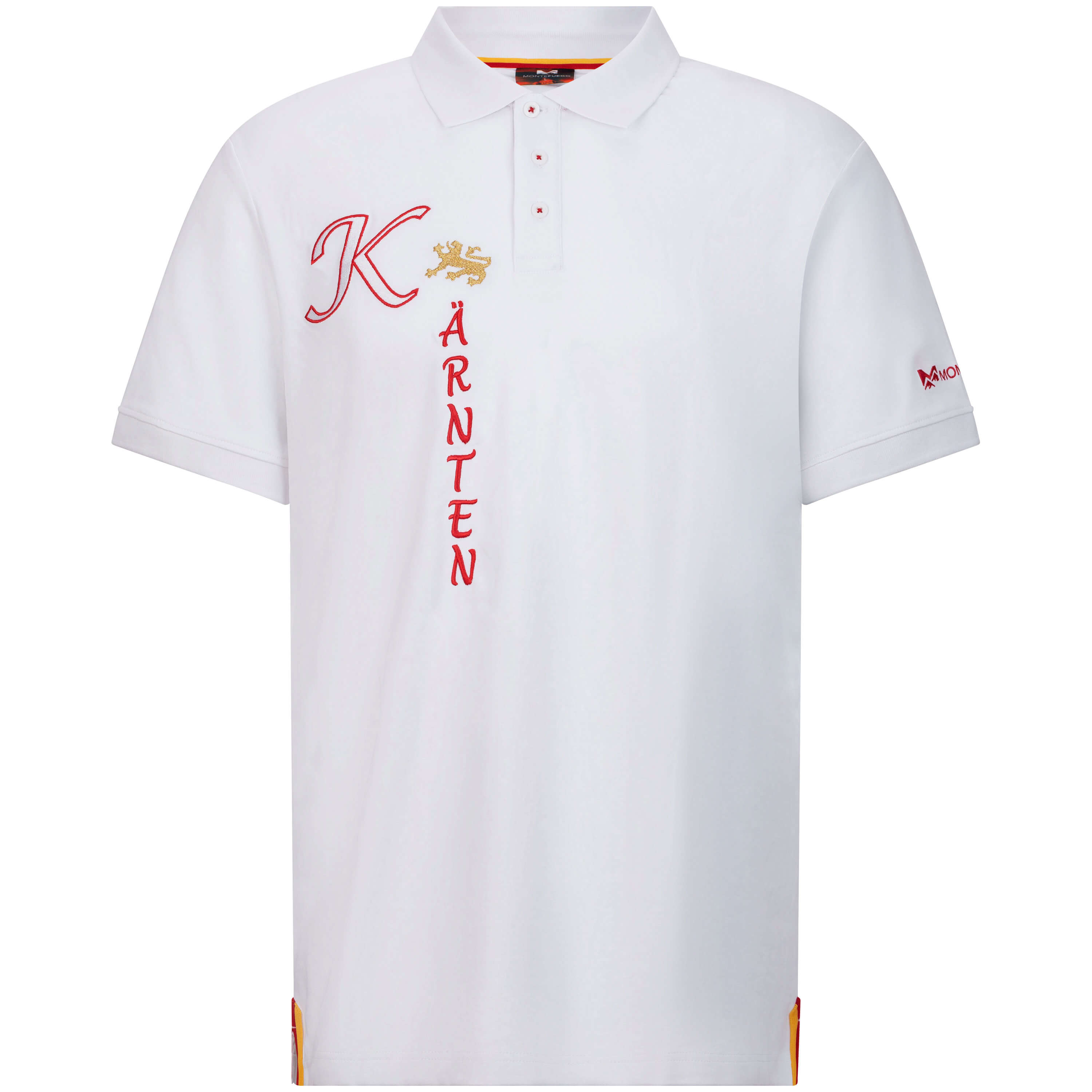 Vorderansicht des Herren Polo "Kärnten", mit kurzem Arm, in der Farbe Weiß, mit Kärnten Schriftzug vorne
