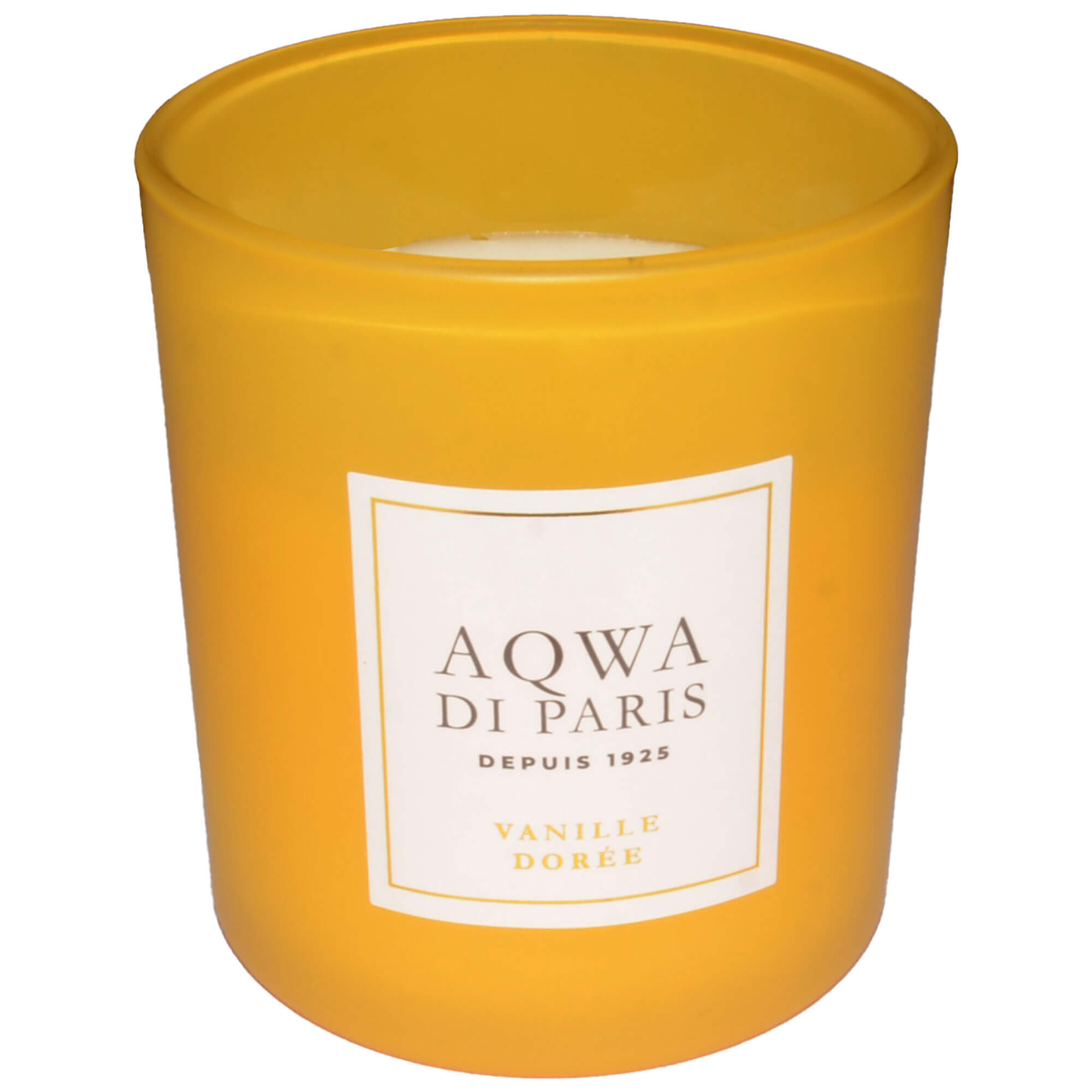 Vorderansicht der Kerze mit Verpackung "Aqwa di Paris", mit dem Duft "Vanille Dorée", in der Farbe Gelb