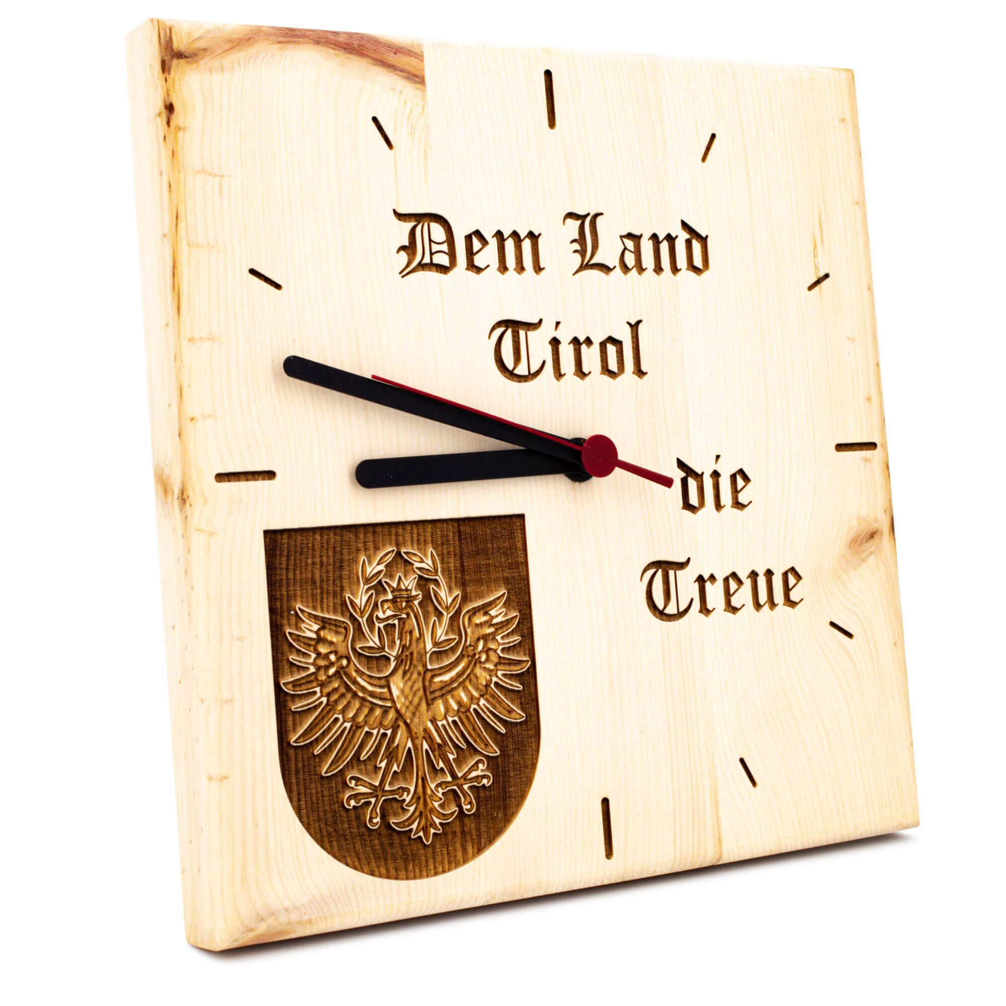 Seitenansicht der Zirbenuhr "Dem Land Tirol die Treue", in der Farbe Braun, rechts schauend