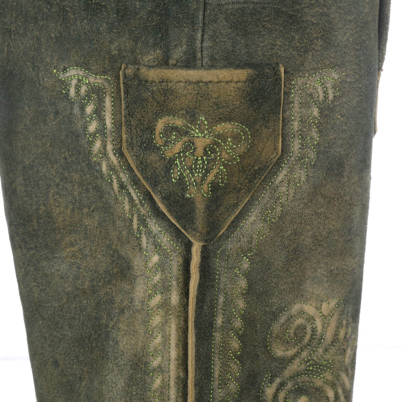 Herren Lederhose "Ludwig" in der Farbe Gruen, Ansicht von der Messertasche im Detail