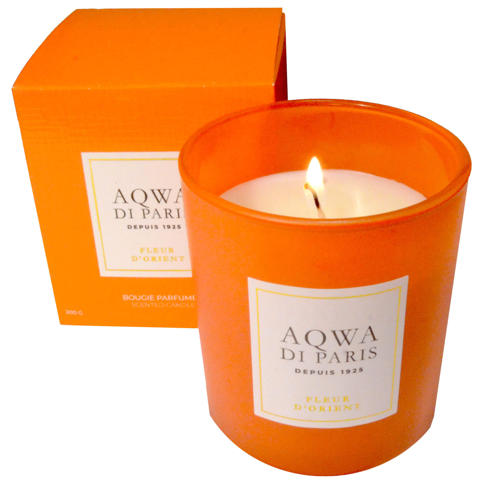 Vorderansicht der Kerze mit Verpackung "Aqwa di Paris", mit dem Duft "Fleur D'Orient", in der Farbe Orange
