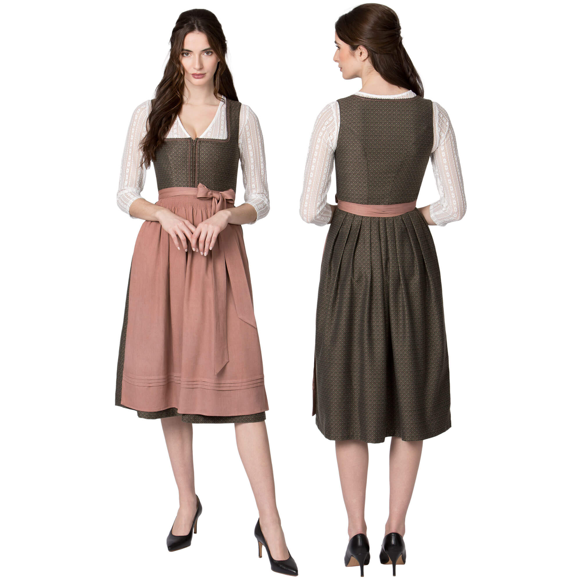 Vorder- und Hinteransicht des Damen Dirndls "Jana", von Model getragen, Altrosa