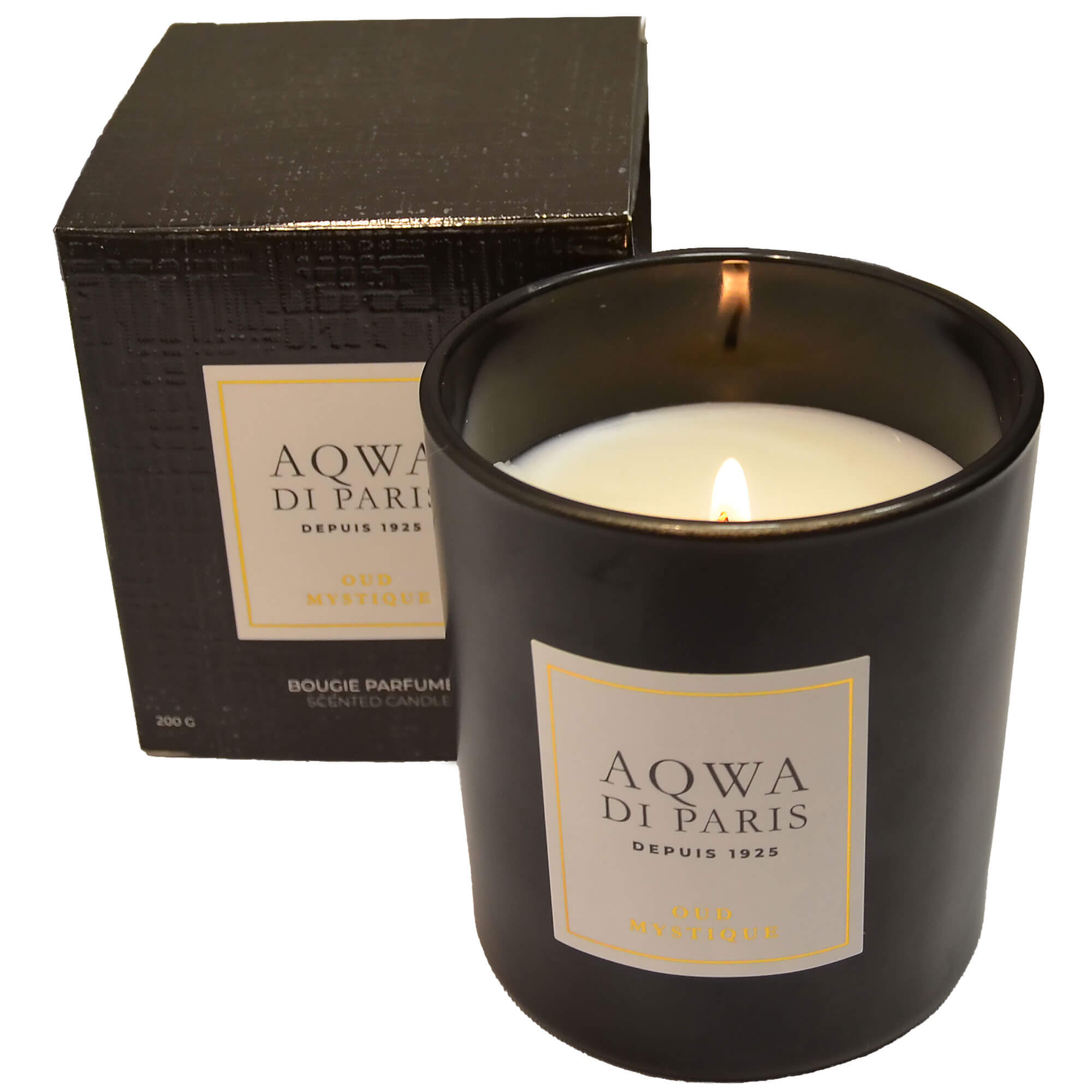 Vorderansicht der Kerze mit Verpackung "Oud Mystique", in der Farbe Schwarz