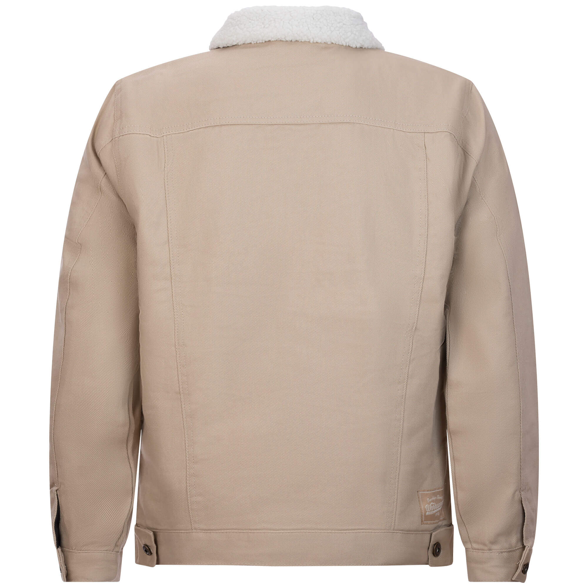 Rückansicht der Herren Twilljacke mit Teddyfutter, in der Farbe Khaki