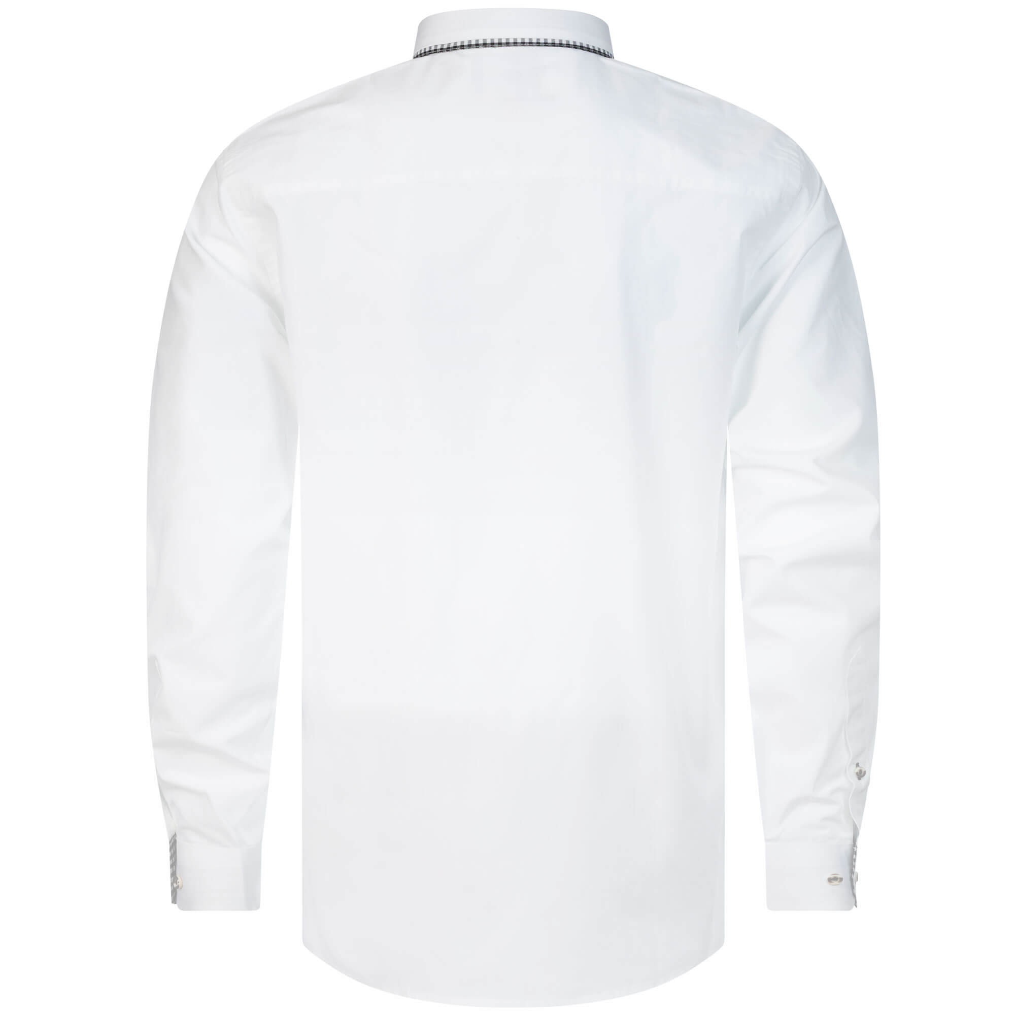 Rückansicht des Herren Hemd "Jakob", mit langem Arm, in der Farbe Weiß, mit Doppelkragen in Schwarz-Weiß Kariert