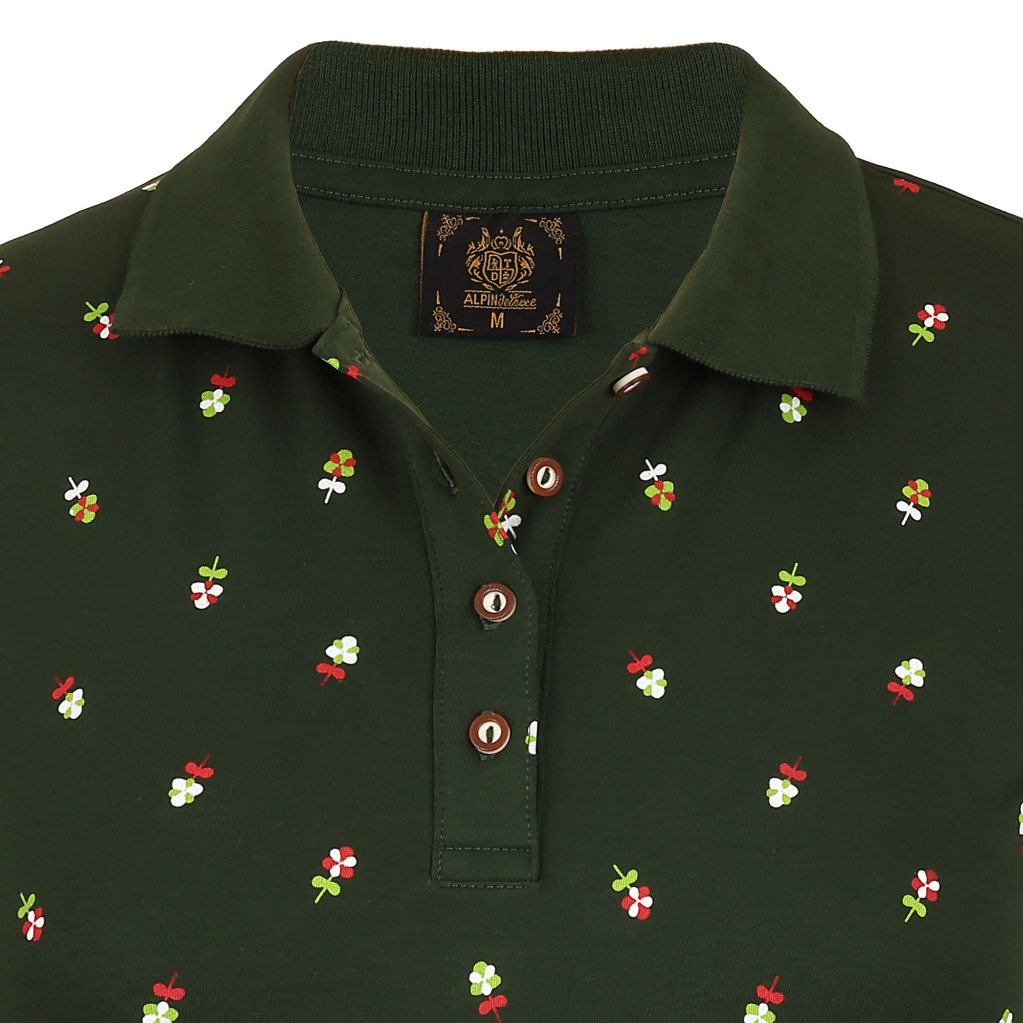 Detailansicht vom Kragen des Damen Blümchen-Drucks Polo "Kärnten" in Grün