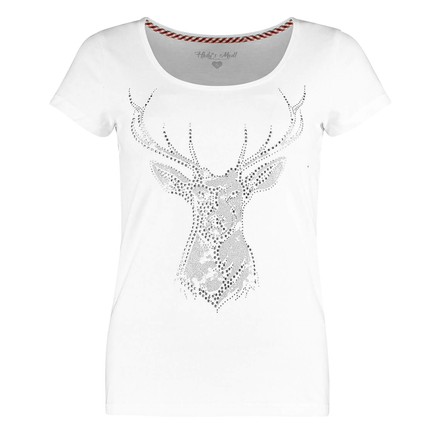 Vorderansicht des Damen T-Shirts "Hirsch", in der Farbe Weiss mit Glitzer