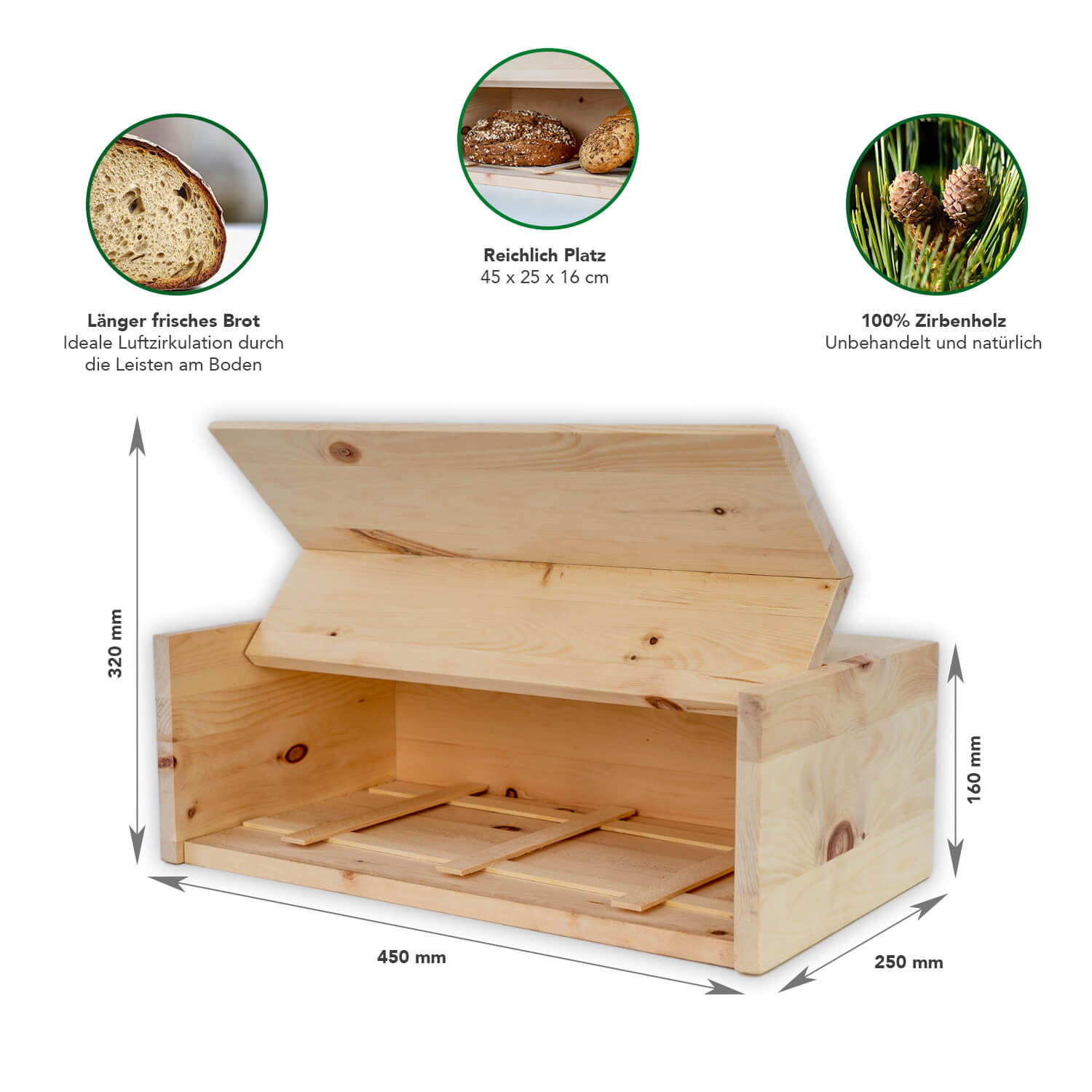 Vorderansicht der Zirben Brotbox mit Beschreibung