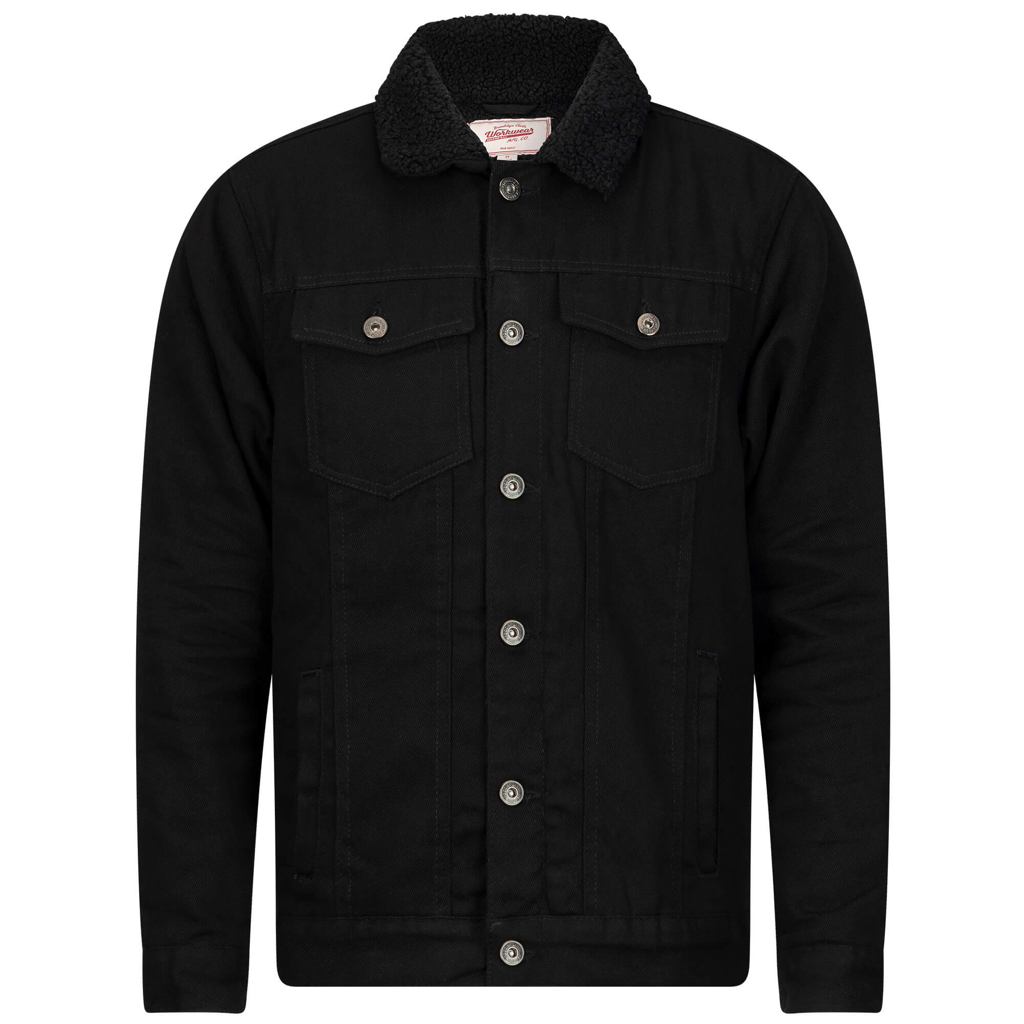 Vorderansicht der Herren Twilljacke in der Farbe Schwarz mit schwarzem Teddyfutter