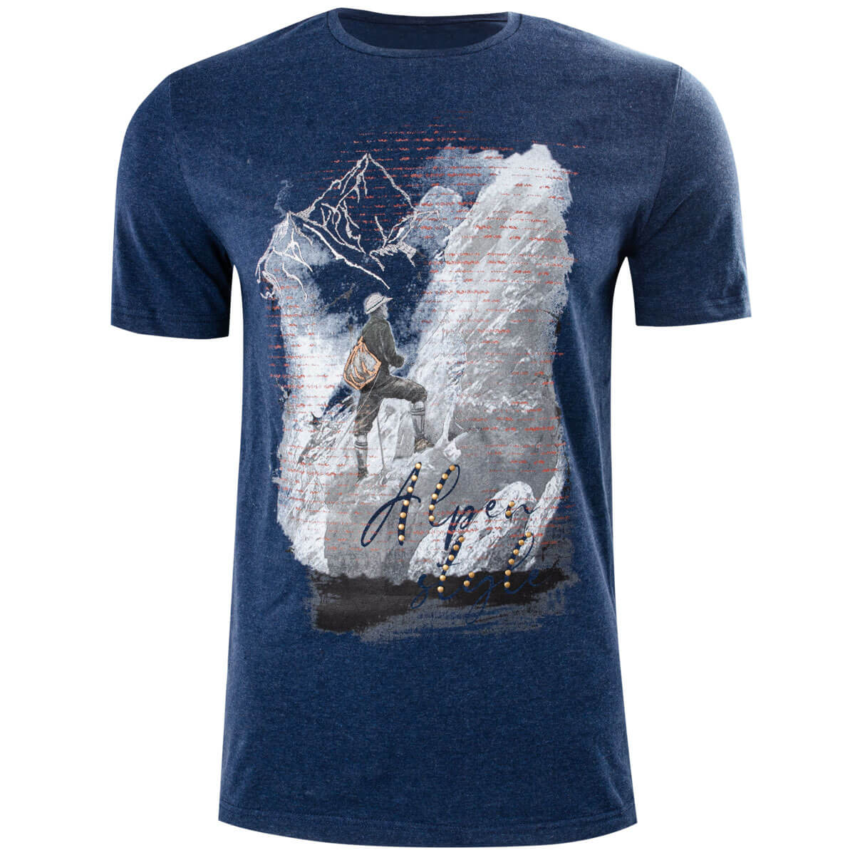 Vorderansicht des Herren T-Shirts "Alpen-Style", in der Farbe Blau, mit Druck