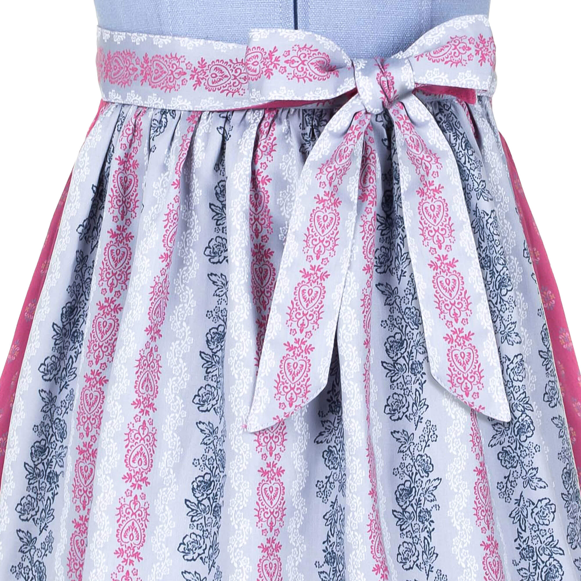 Vorderansicht des Kinder Dirndls "Milli", in der Farbe  Hellblau und Rosa, Detail Schlaufe