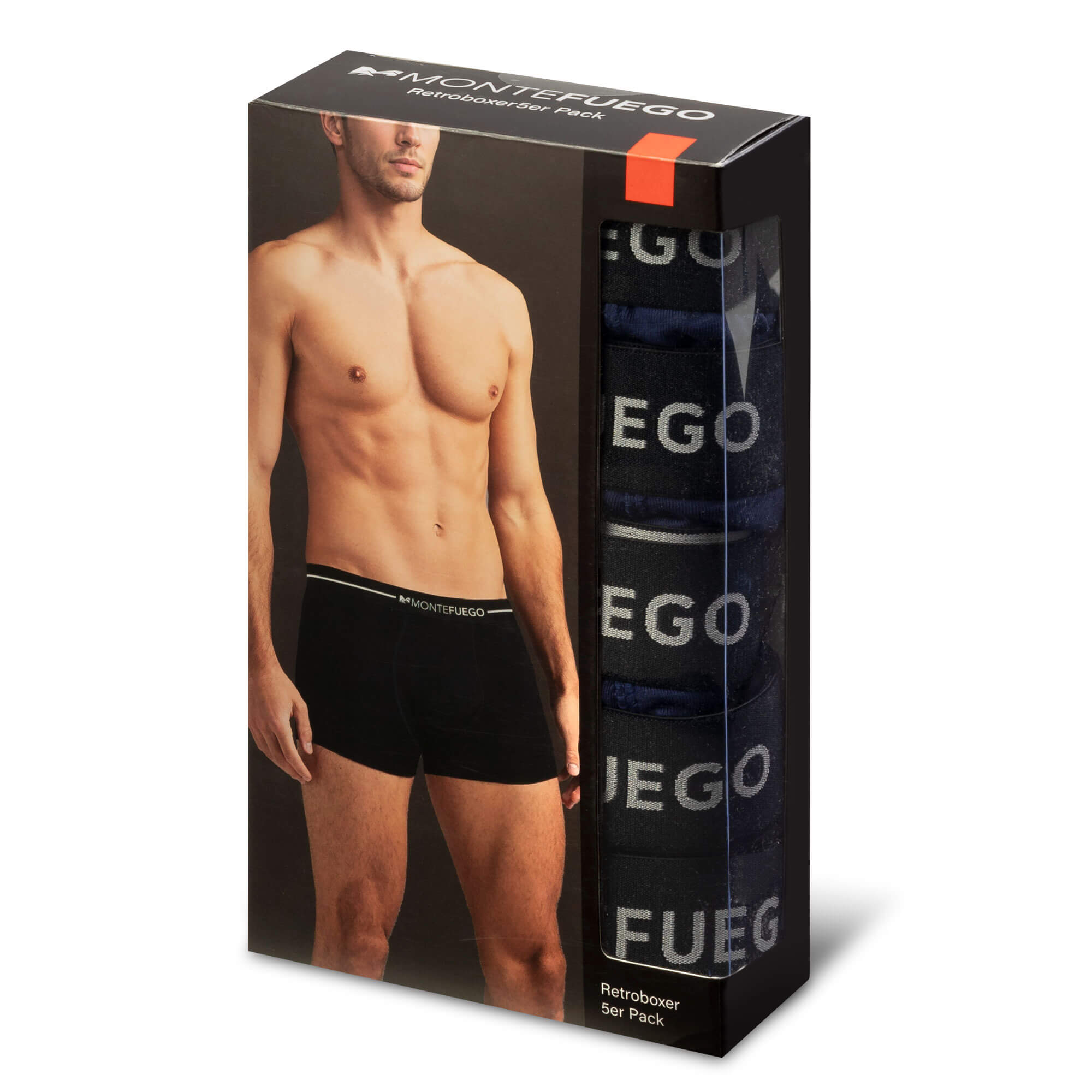 Ansicht der Verpackung der Herren Retro Boxershorts im 5er Pack, Schwarz und Dunkelblau, Set 02