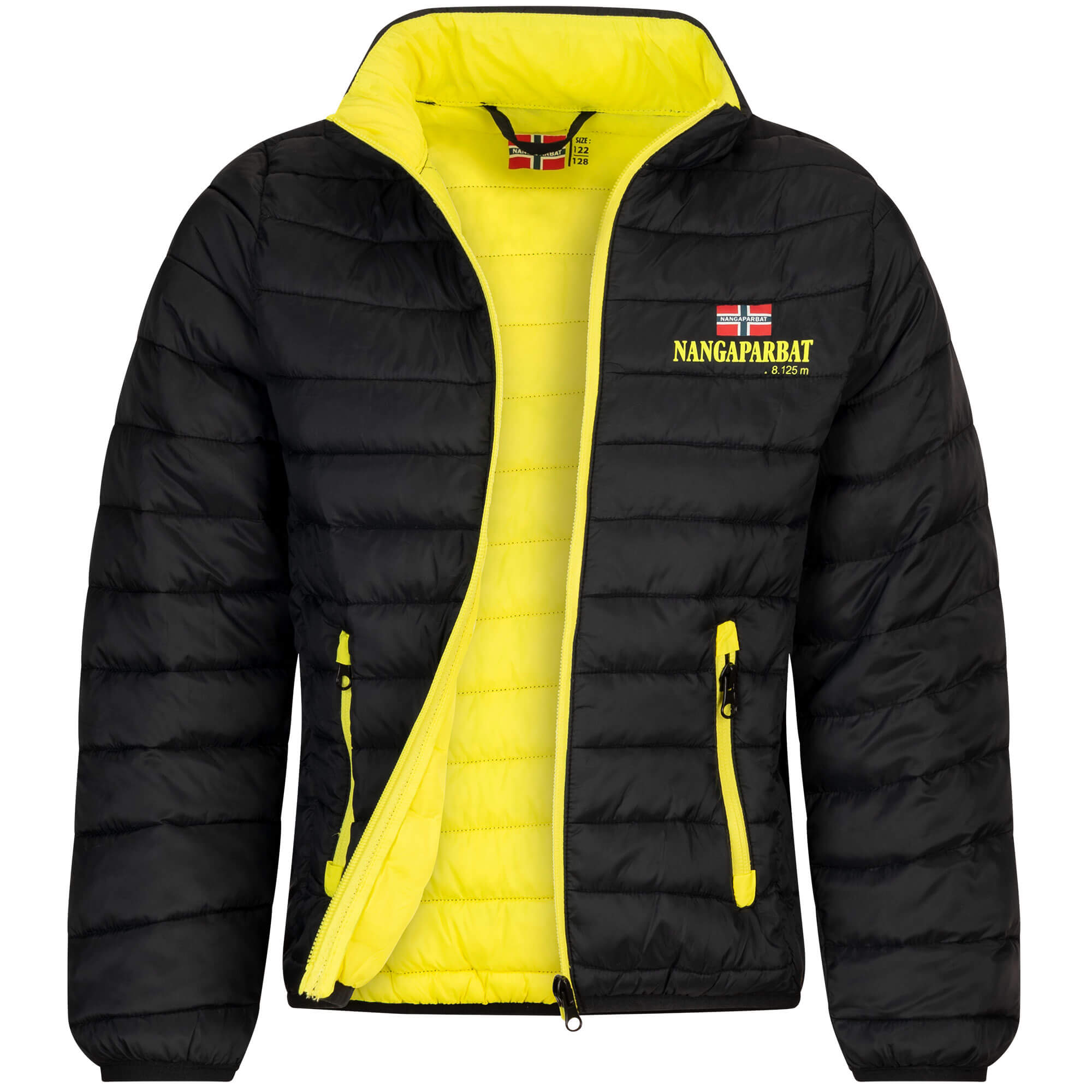 Vorderansicht der ultraleichten Kinder Jacke "Nangaparbat", in der Farbe Gelb