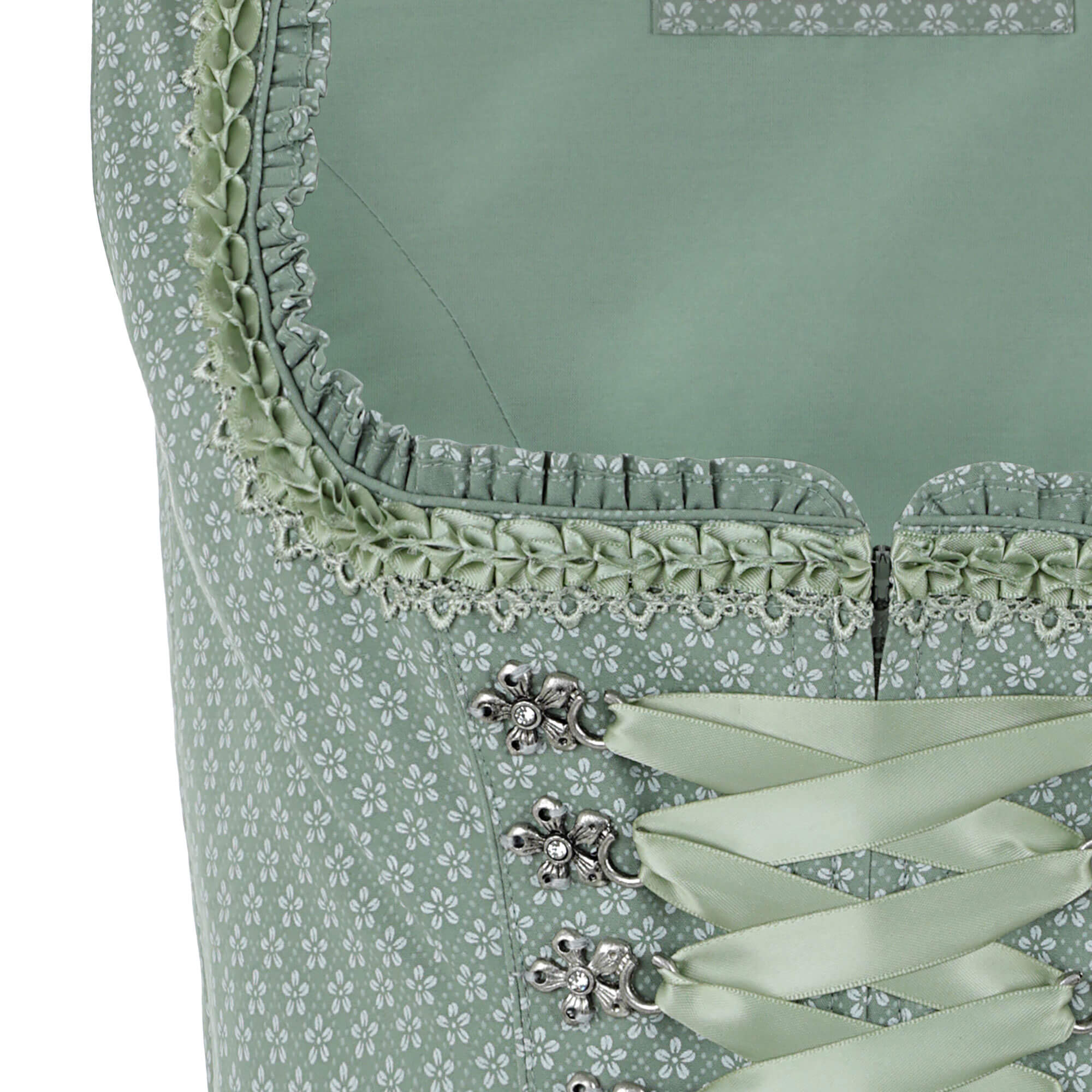 Vorderansicht des Damen Dirndl "Medora" in der Farbe Mint, mit gruener Schürze, Detail Schnürung und FroschmaulborteVorderansicht des Damen Dirndl "Medora" in der Farbe Mint, mit gruener Schürze, Detail Schnürung und Froschmaulborte