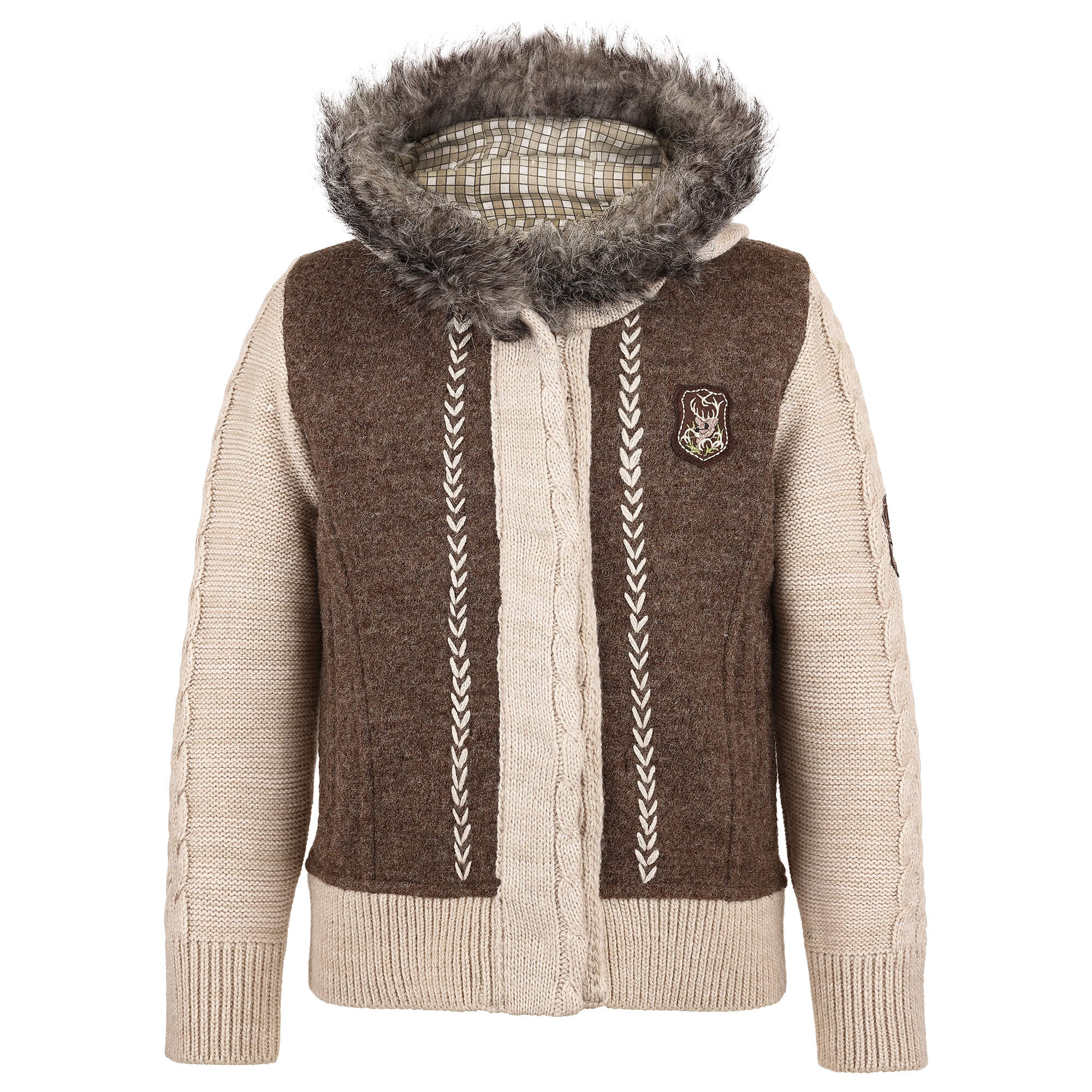 Vorderansicht der Mädchen Strickjacke "Lucie", in der Farbe Braun-Beige