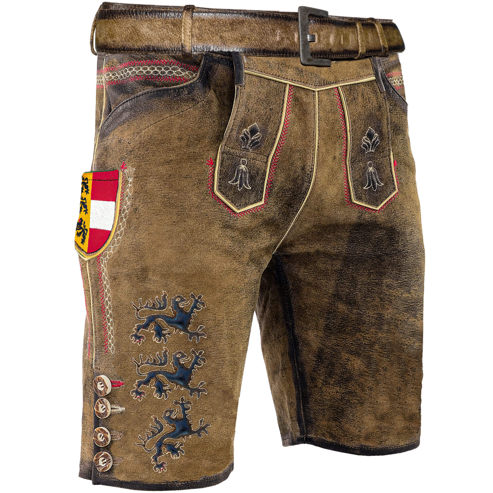 Vorderansicht der Herren Lederhose "Kärnten", in der Farbe Braun, Rechts schauend