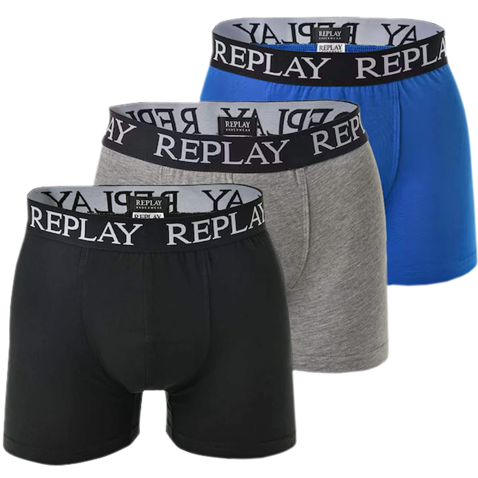 Vorderansicht der Herren Replay Boxershorts im 3er Pack, in den Farben Schwarz, Grau und Blau