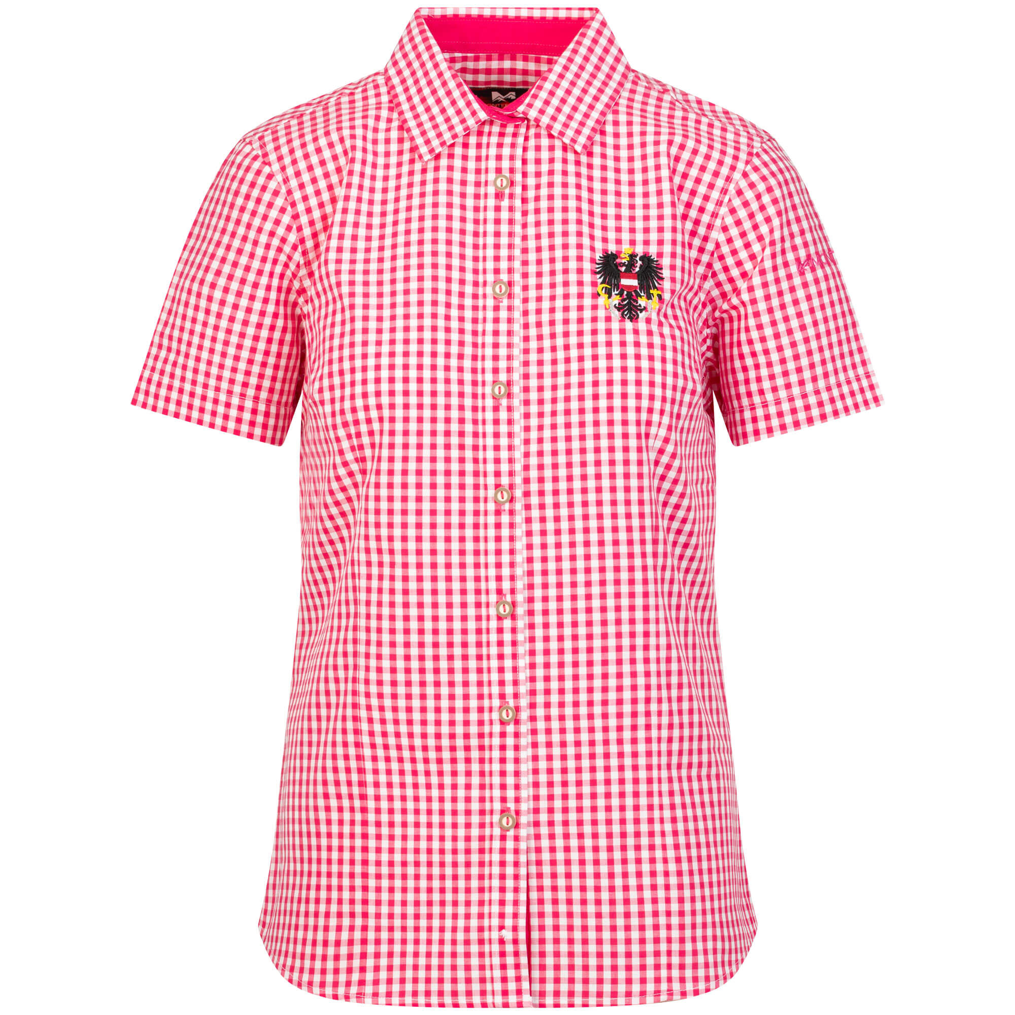 Vorderansicht der Damen Bluse "Austria", mit kurzem Arm, in der Farbe Rosa-Weiß Kariert, mit kleiner Adler Stickerei