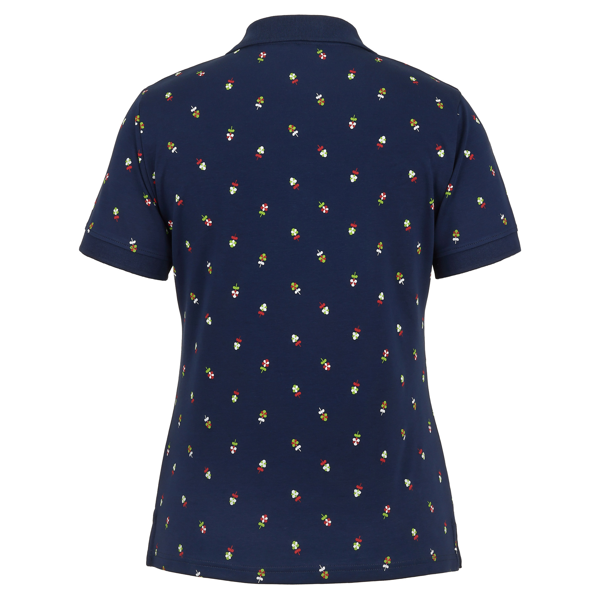 Hinteransicht des Damen Blümchen-Druck Polos "Kärnten" in Blau