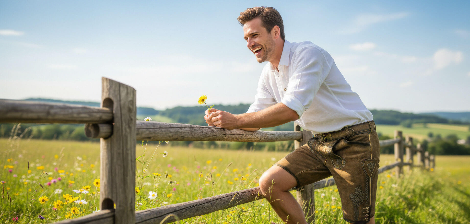 Mann in ländlicher Gegend, trägt eine braune Lederhose, Blumenwiese im Hintergrund