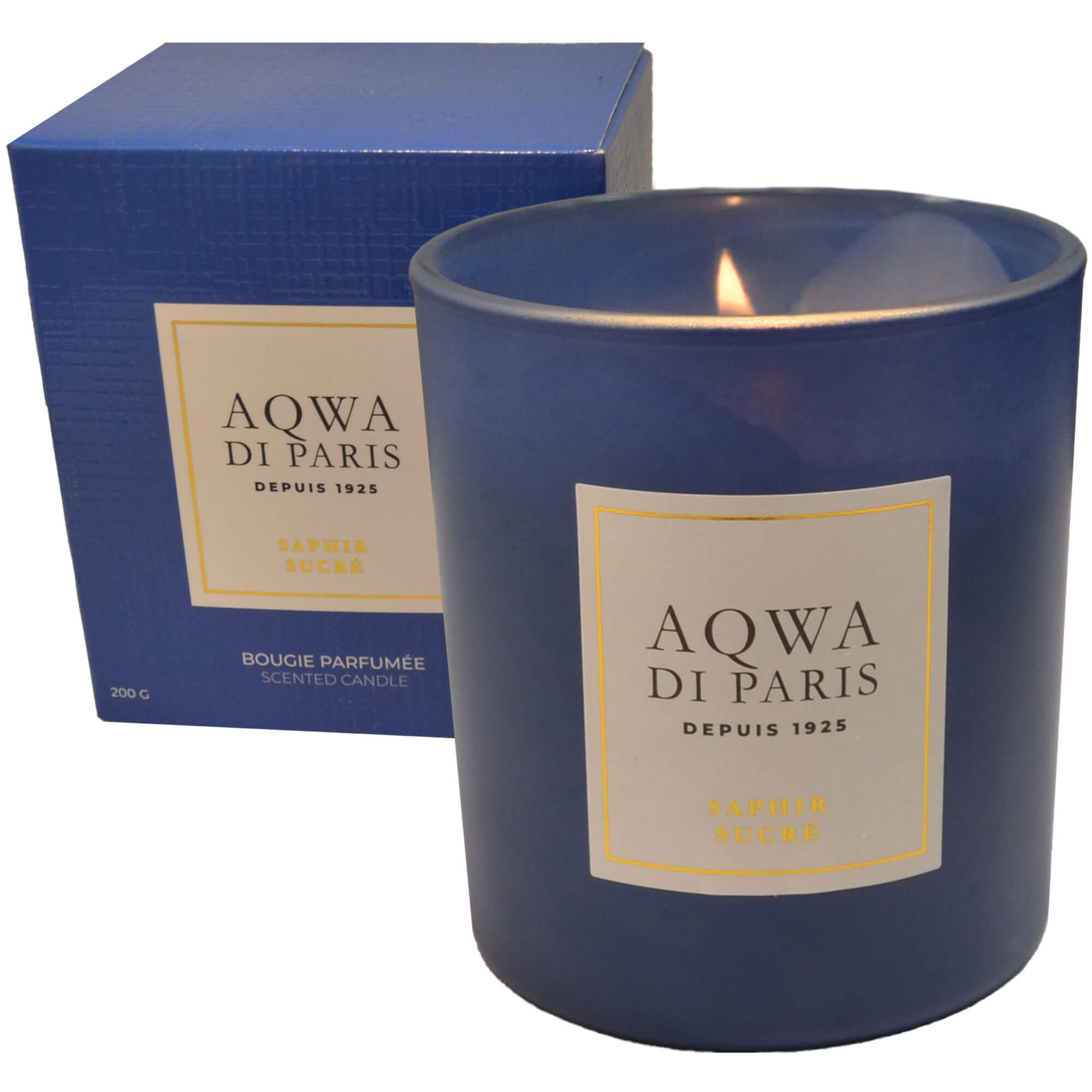 Vorderansicht der Kerze mit Verpackung "Aqwa di Paris", mit dem Duft "Saphir Sucré", in der Farbe Blau