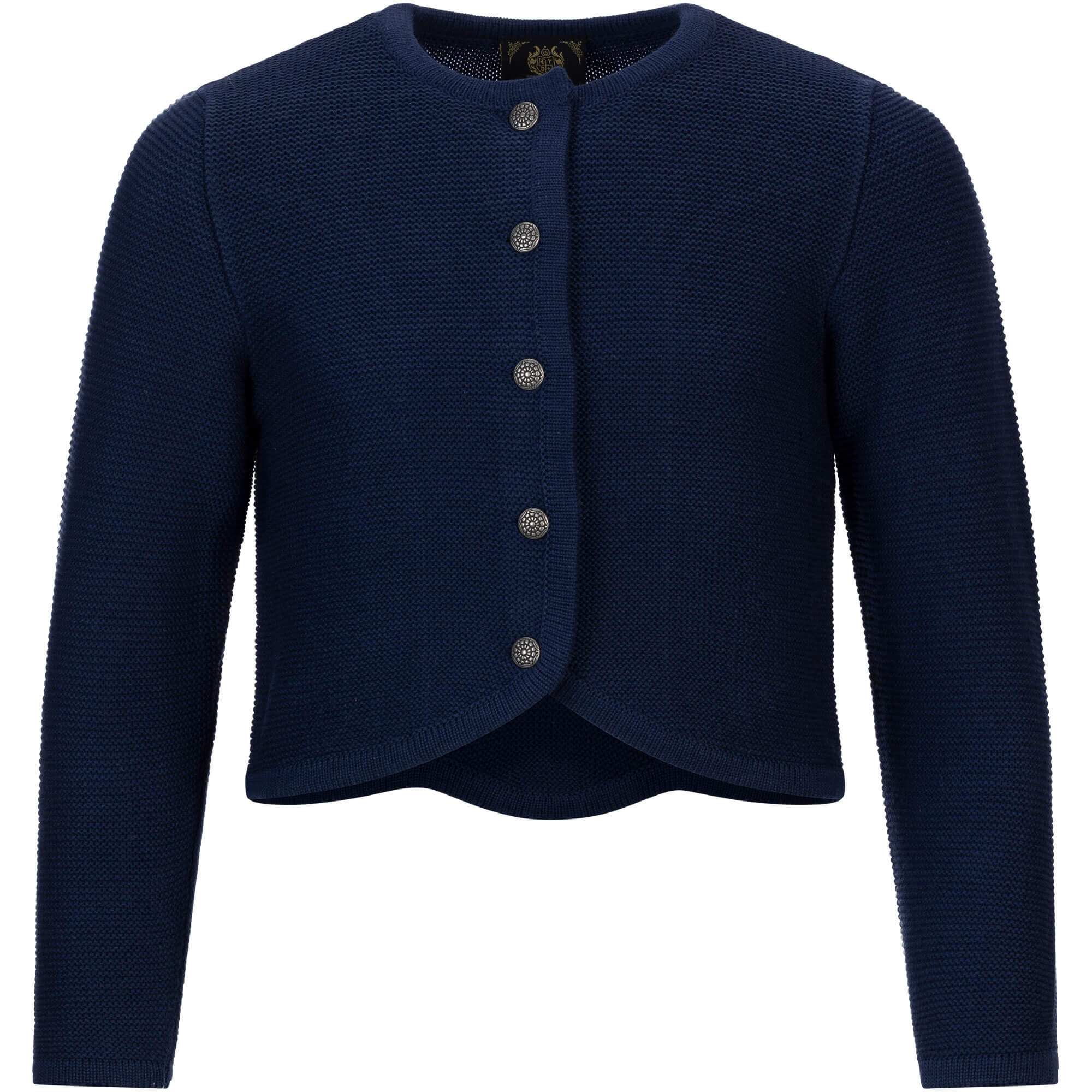 Vorderansicht der Mädchen Strickjacke "Achensee", in der Farbe Navy, mit Knopfleiste