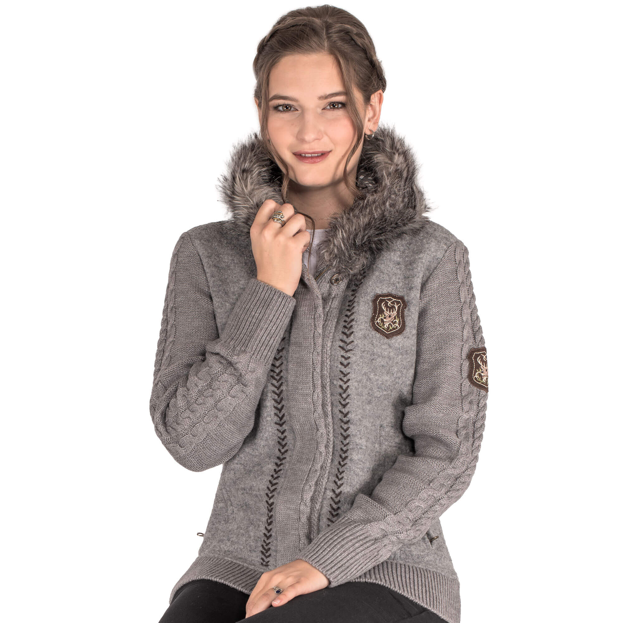 Vorderansicht der Damen Jacke "Lucie", mit Model, in der Farbe Grau