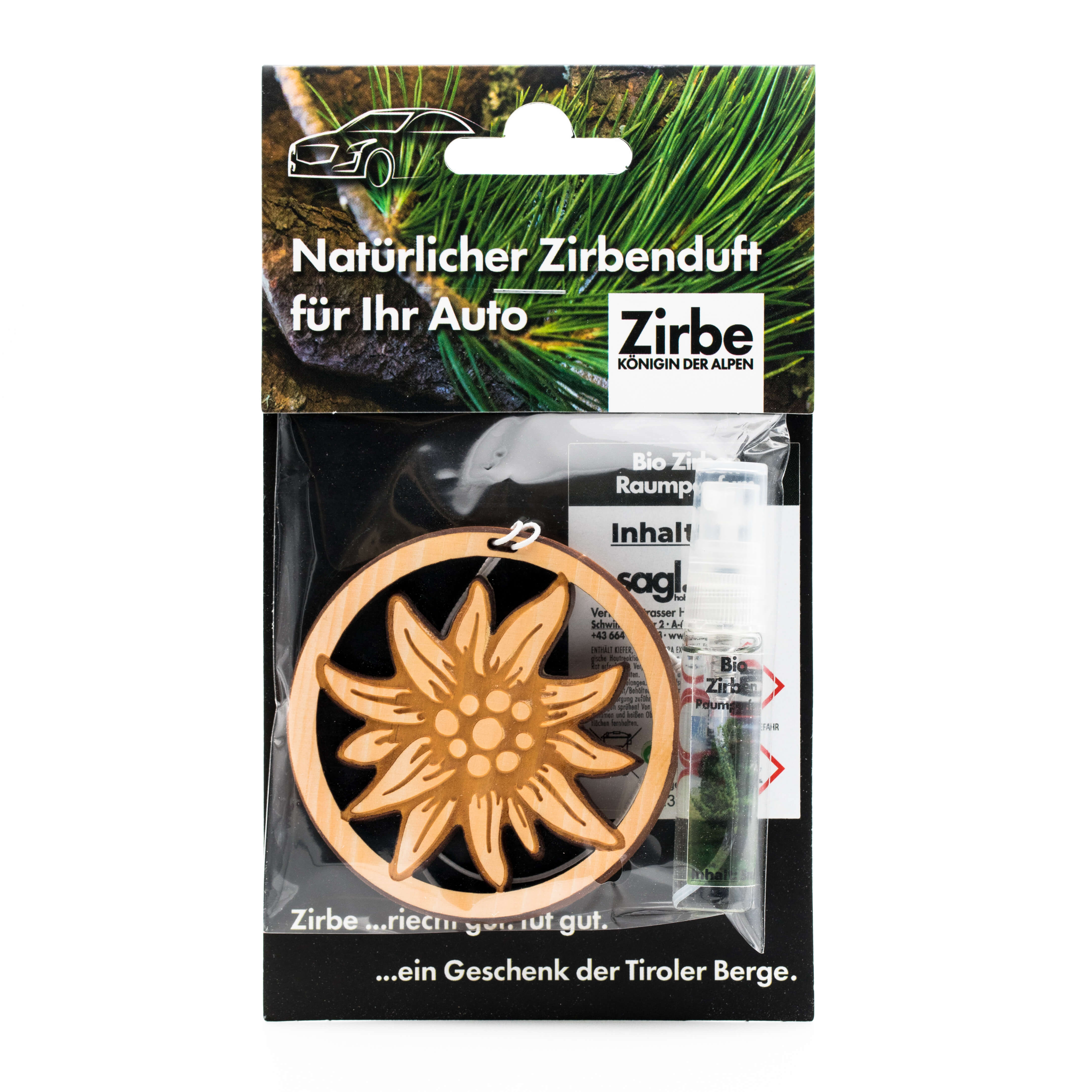 Vordere Ansicht des Autodufts aus Zirbe "Edelweiss"