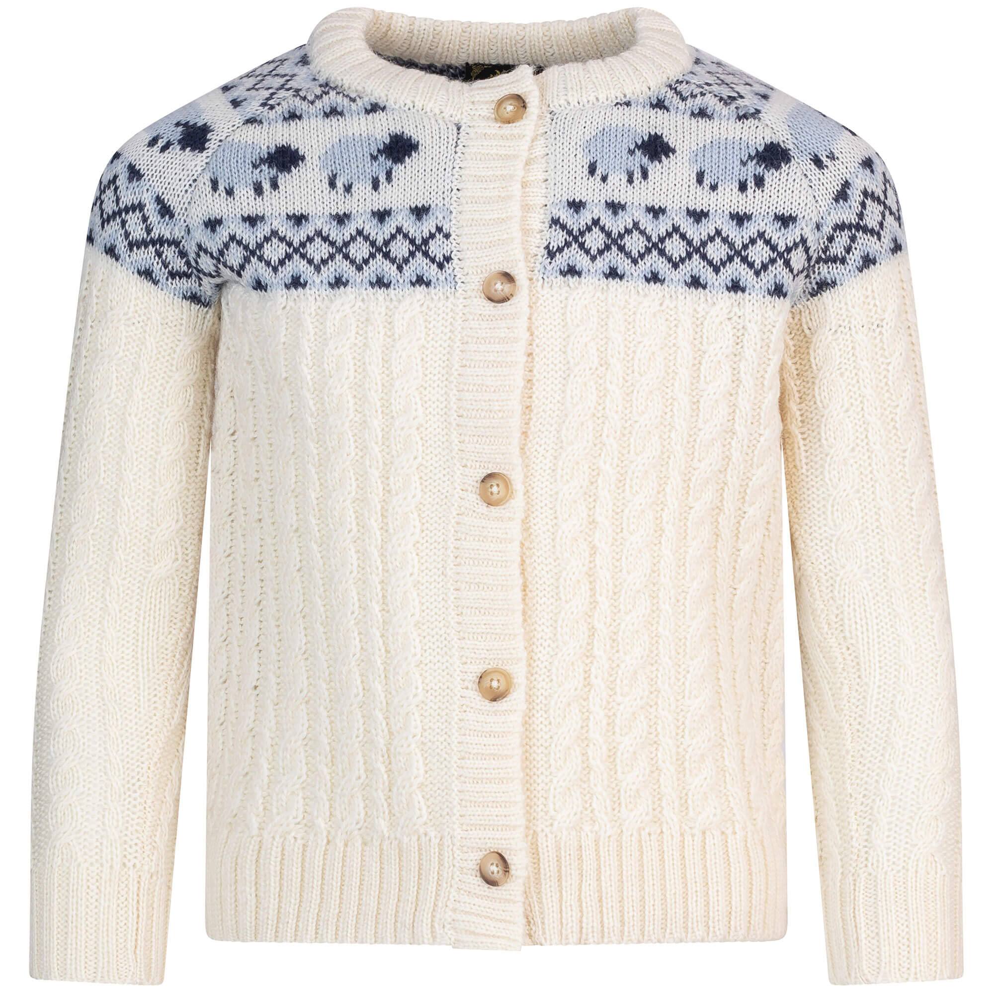 Vorderansicht Rückansicht der Merino Kinder Strickjacke "Shawn", in der Farbe Ecru