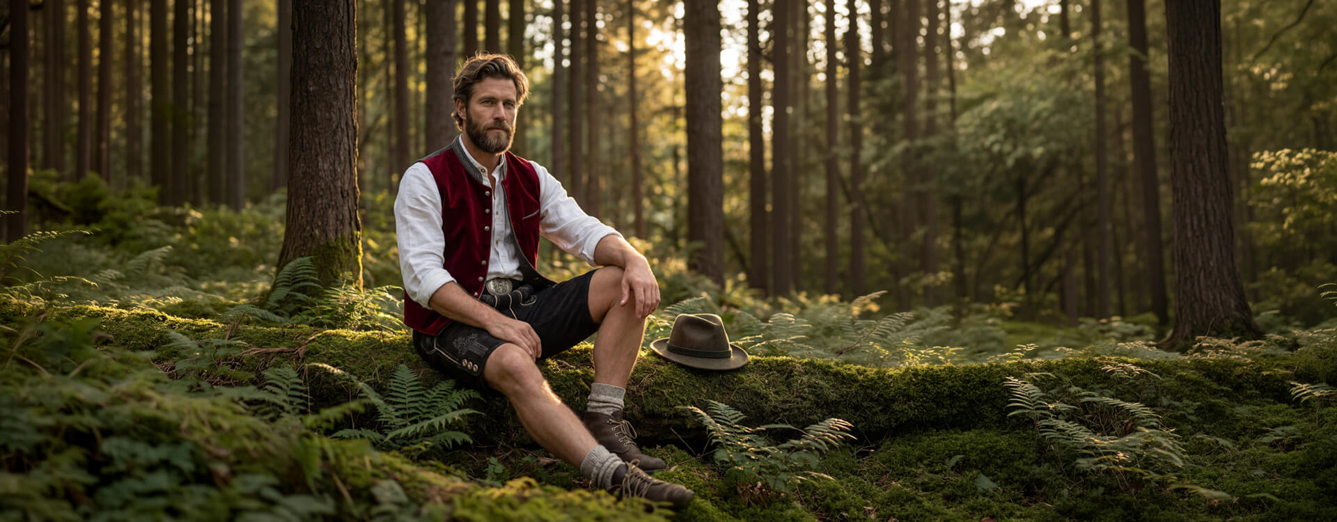 Trachtig angezogener Herr mit Lederhose und Gilet, sitzend in einer Waldlichtung